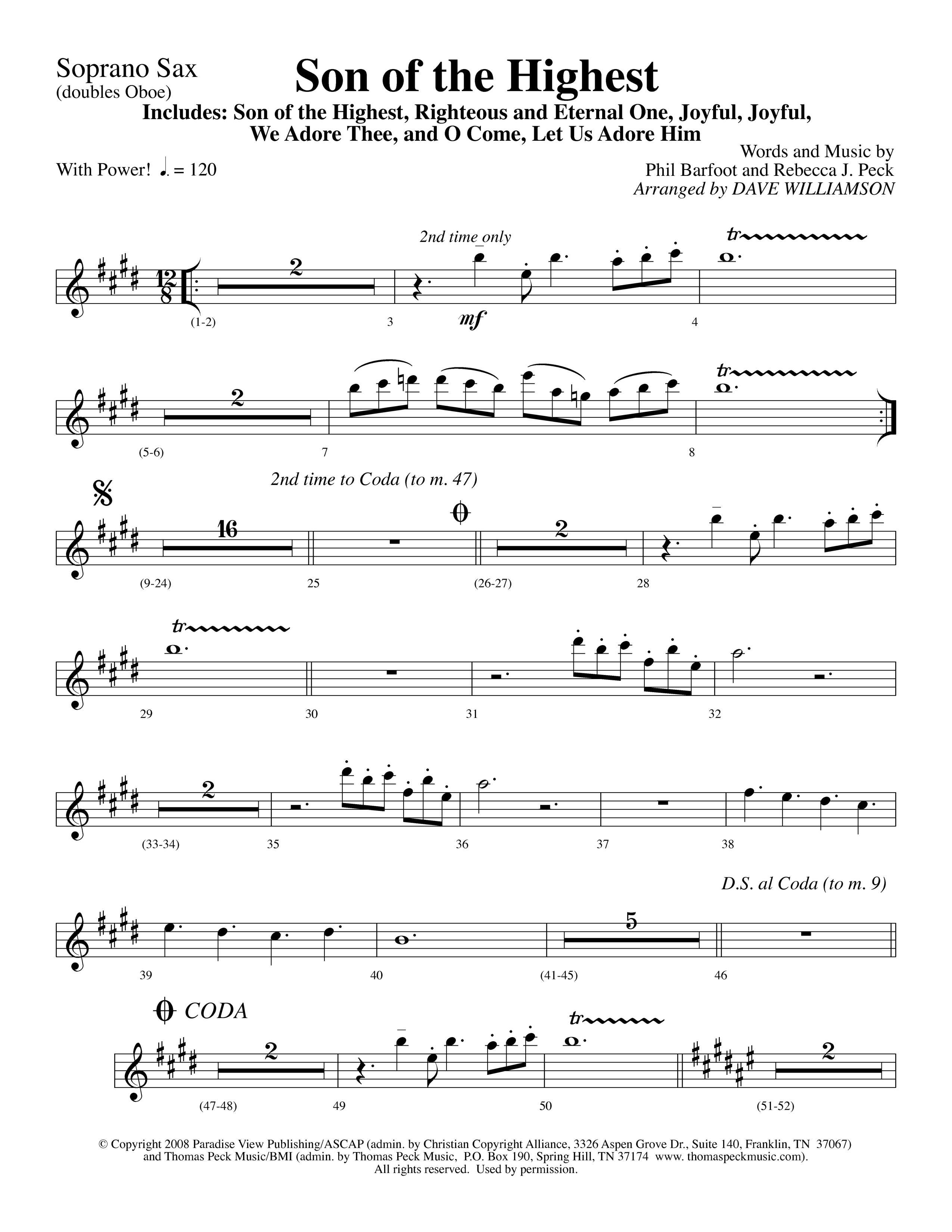 Son Of The Highest (with Righteous And Eternal One, Joyful Joyful We Adore Thee, O Come Let Us Adore (Choral Anthem SATB) Soprano Sax (Lifeway Choral / Arr. Dave Williamson)