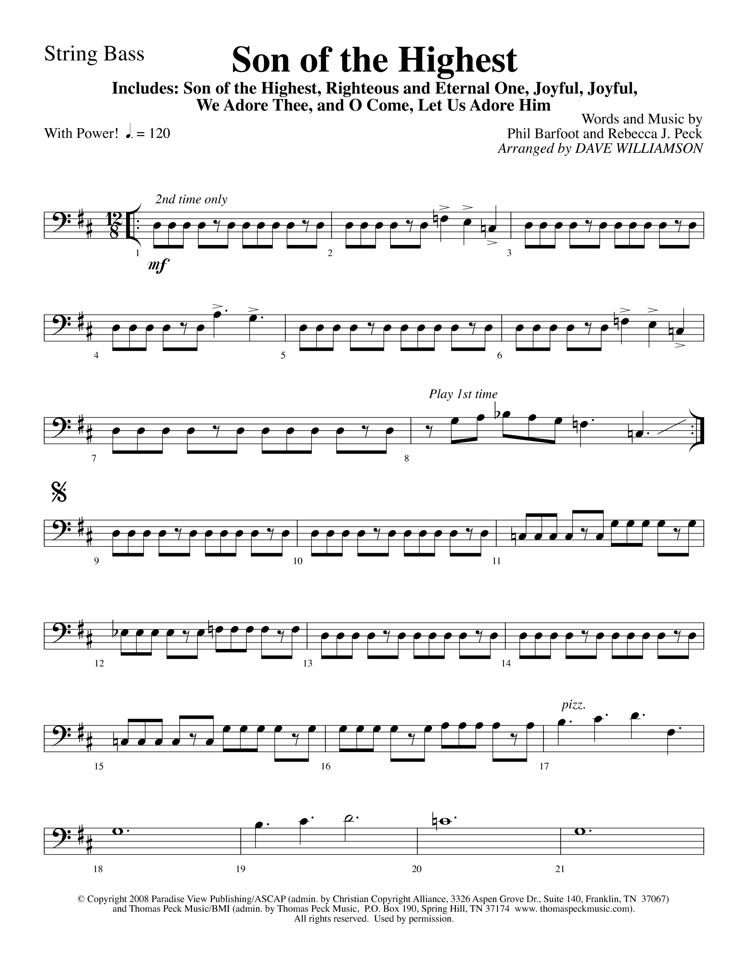 Son Of The Highest (with Righteous And Eternal One, Joyful Joyful We Adore Thee, O Come Let Us Adore (Choral Anthem SATB) String Bass (Lifeway Choral / Arr. Dave Williamson)