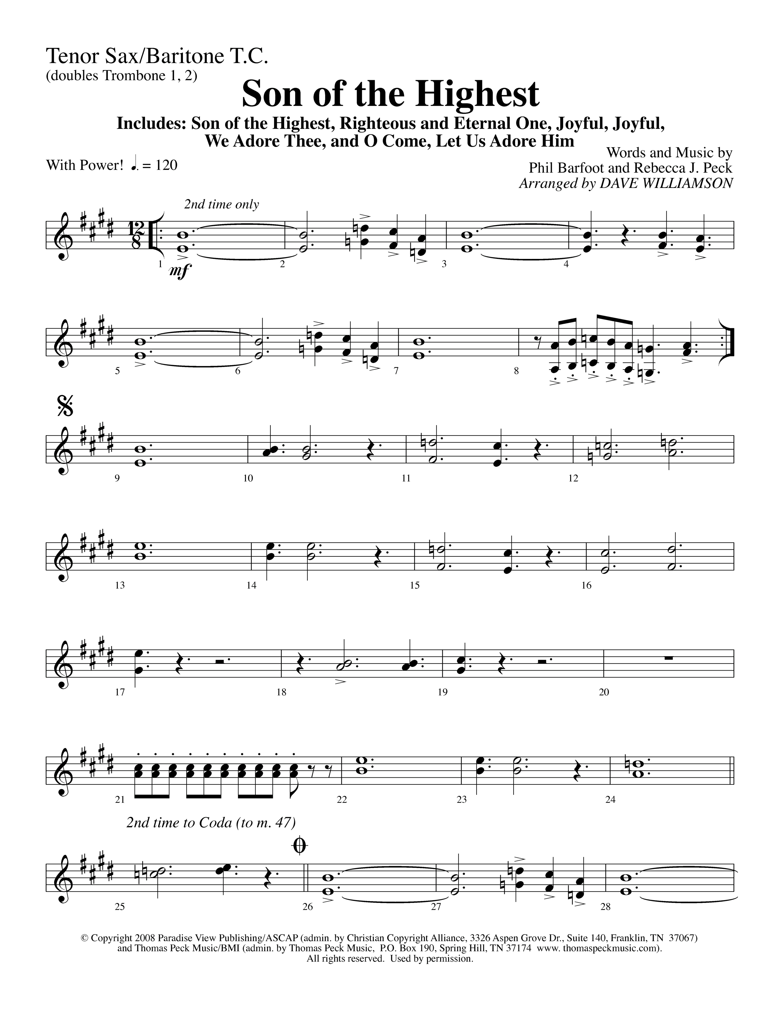Son Of The Highest (with Righteous And Eternal One, Joyful Joyful We Adore Thee, O Come Let Us Adore (Choral Anthem SATB) Tenor Sax/Baritone T.C. (Lifeway Choral / Arr. Dave Williamson)