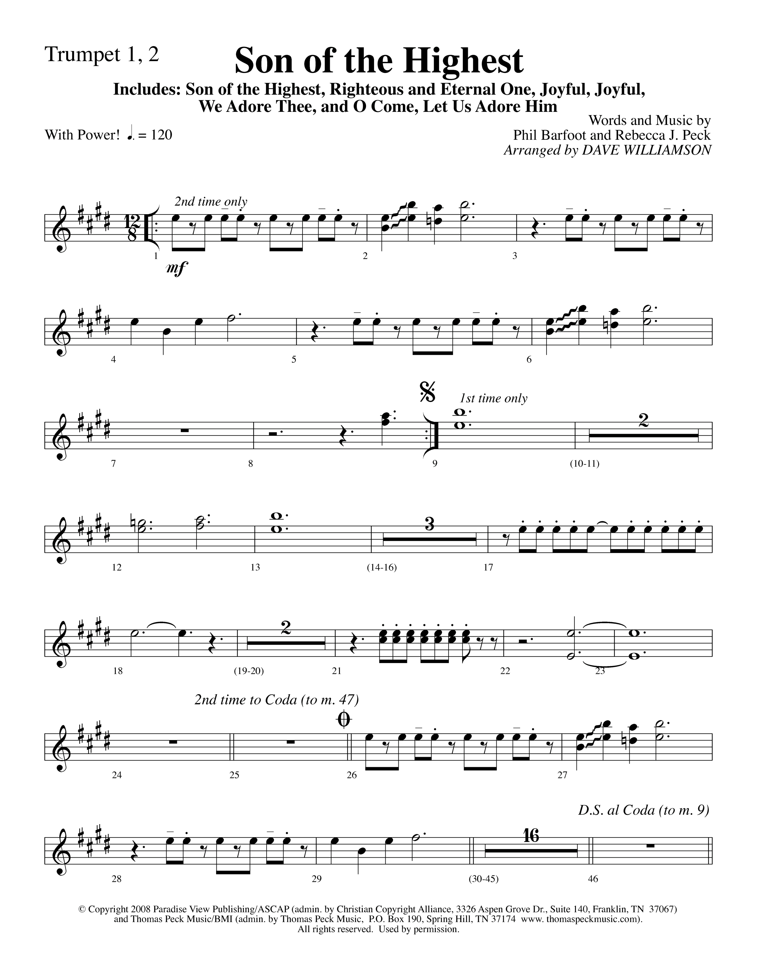 Son Of The Highest (with Righteous And Eternal One, Joyful Joyful We Adore Thee, O Come Let Us Adore (Choral Anthem SATB) Trumpet 1,2 (Lifeway Choral / Arr. Dave Williamson)