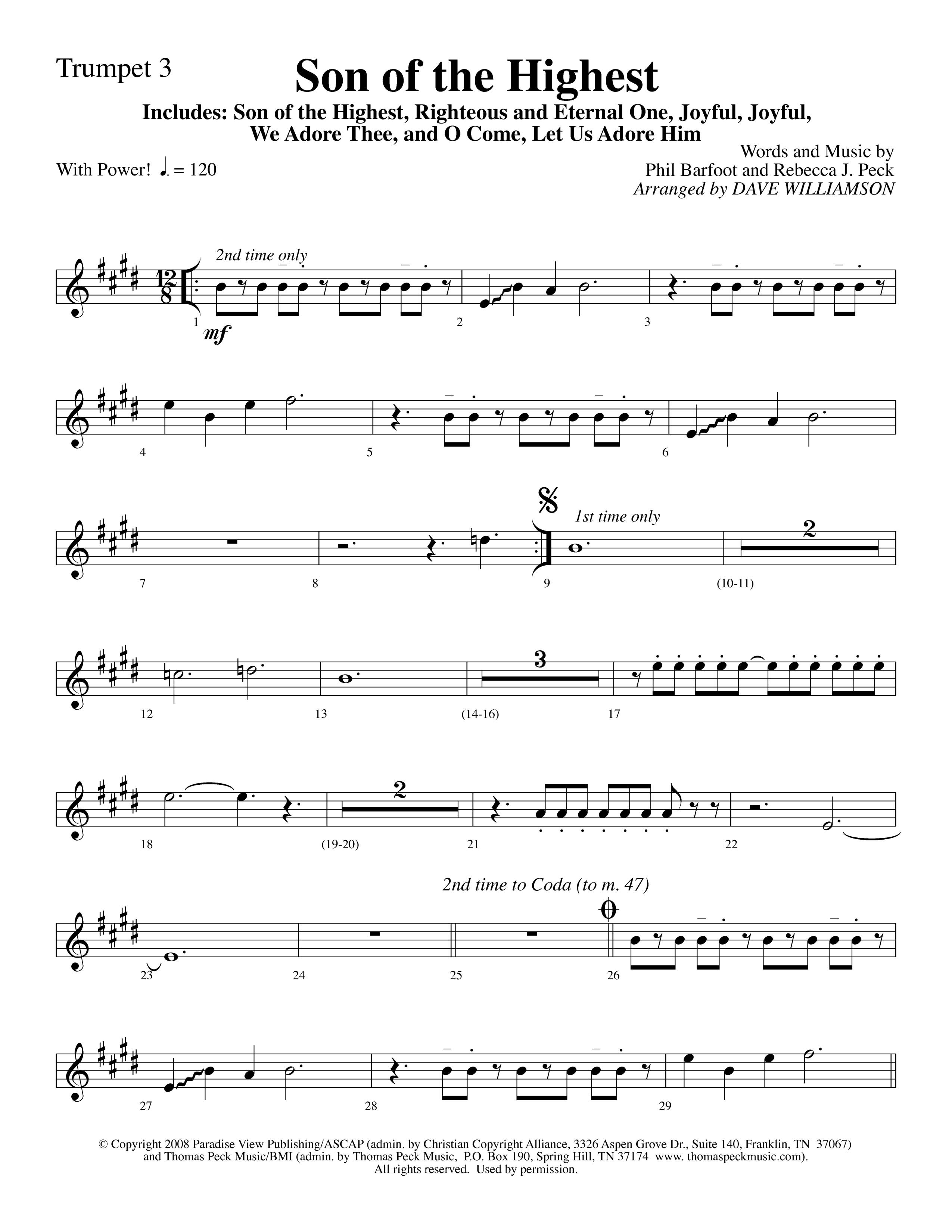 Son Of The Highest (with Righteous And Eternal One, Joyful Joyful We Adore Thee, O Come Let Us Adore (Choral Anthem SATB) Trumpet 3 (Lifeway Choral / Arr. Dave Williamson)