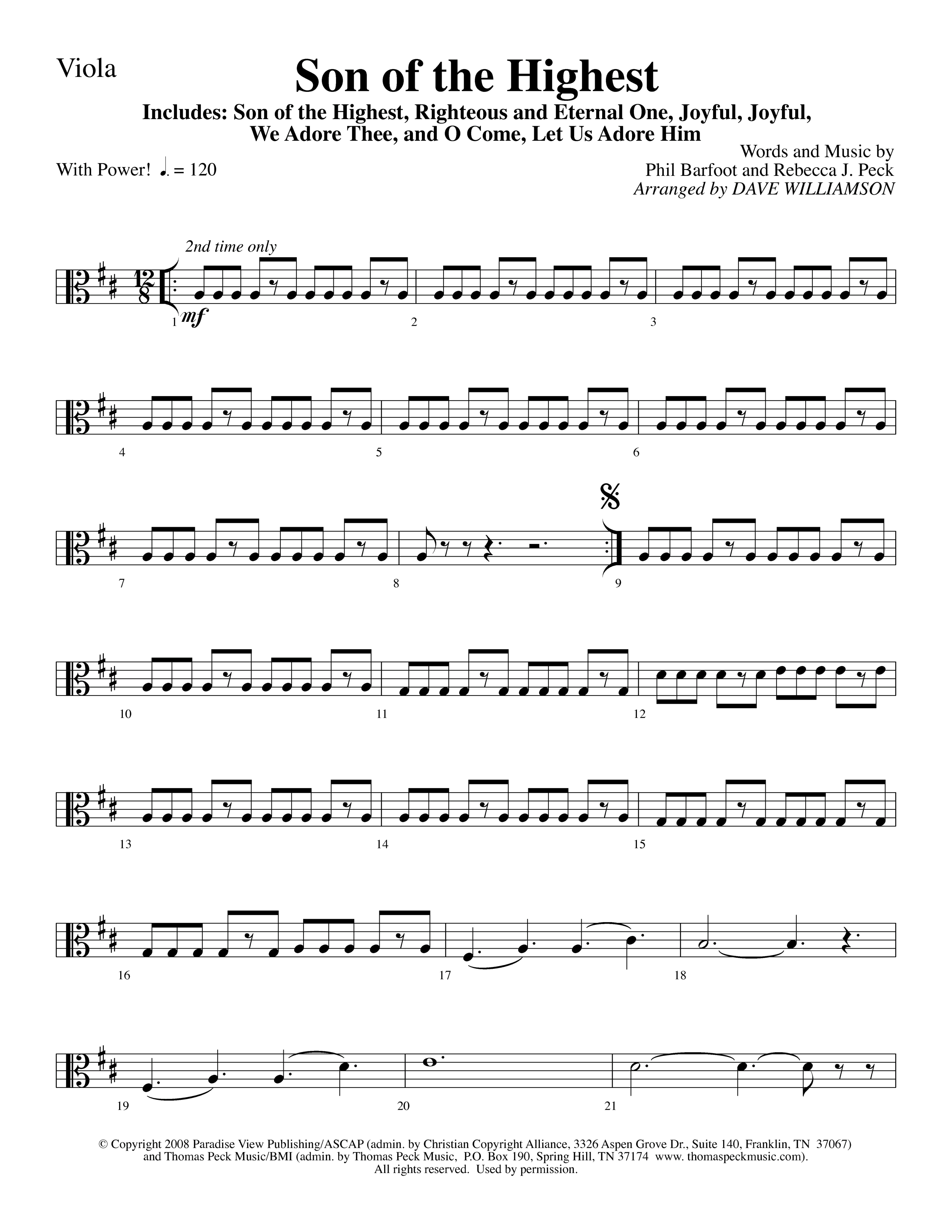 Son Of The Highest (with Righteous And Eternal One, Joyful Joyful We Adore Thee, O Come Let Us Adore (Choral Anthem SATB) Viola (Lifeway Choral / Arr. Dave Williamson)