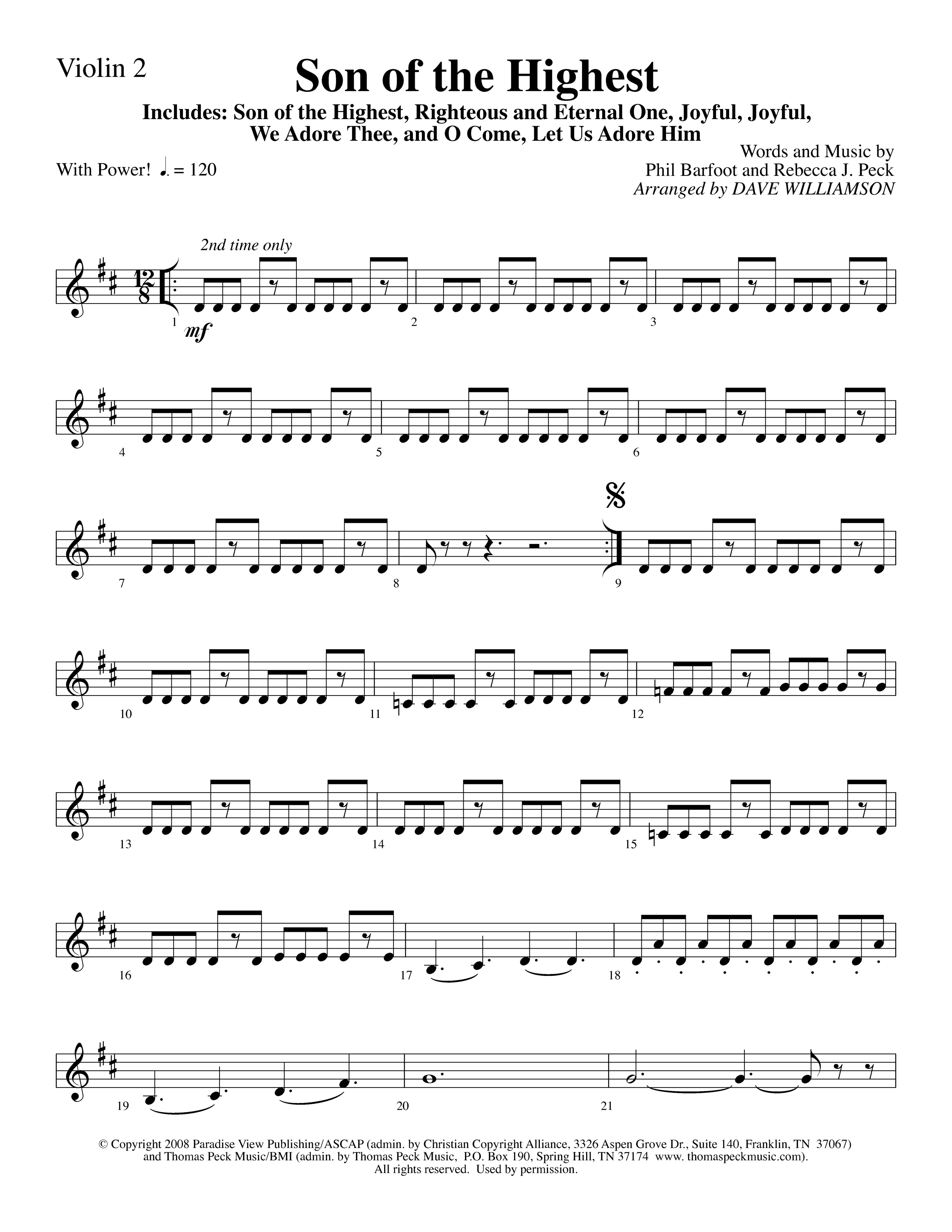 Son Of The Highest (with Righteous And Eternal One, Joyful Joyful We Adore Thee, O Come Let Us Adore (Choral Anthem SATB) Violin 2 (Lifeway Choral / Arr. Dave Williamson)