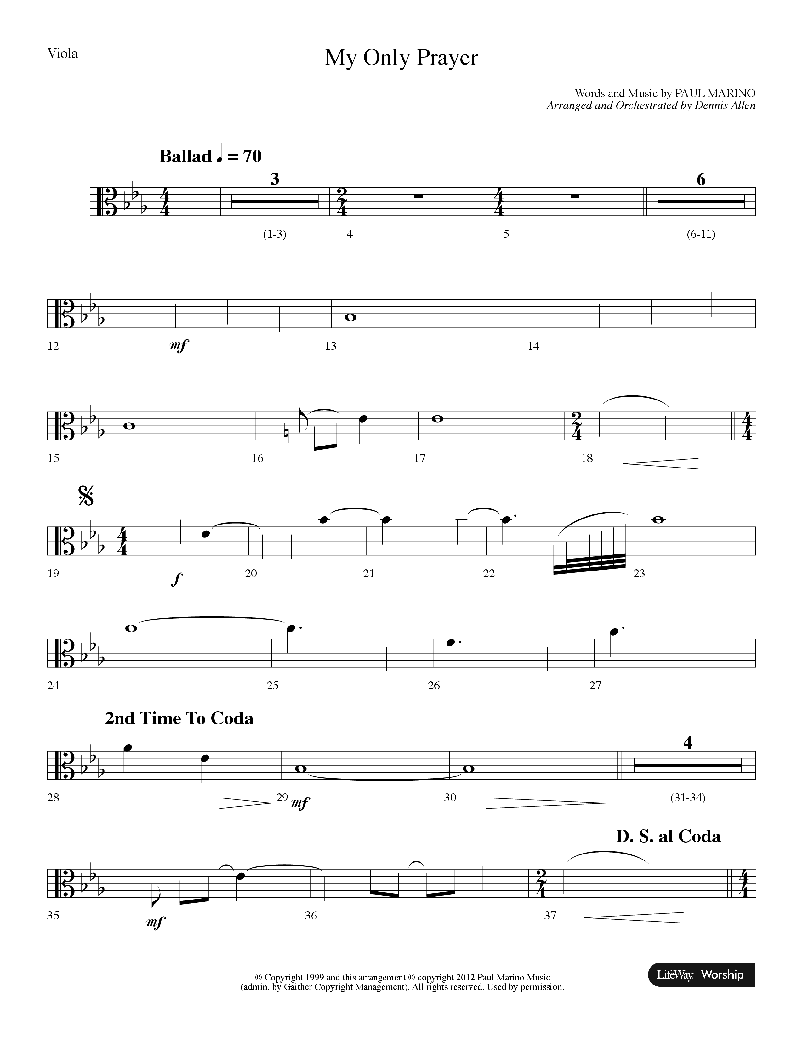My Only Prayer (Choral Anthem SATB) Viola (Lifeway Choral / Arr. Dennis Allen)