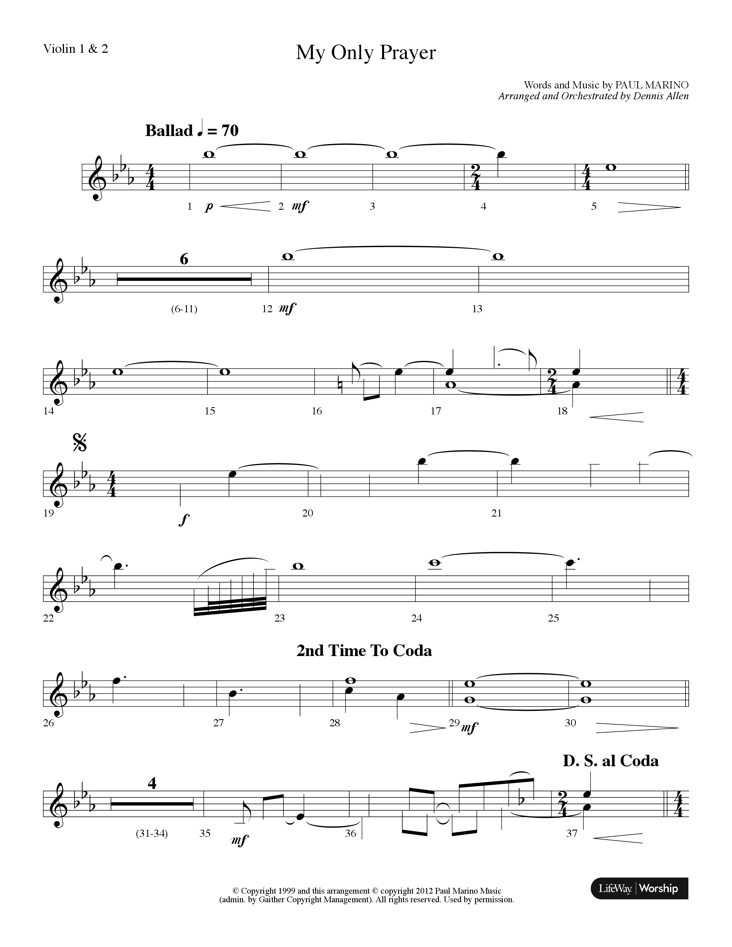 My Only Prayer (Choral Anthem SATB) Violin 1/2 (Lifeway Choral / Arr. Dennis Allen)