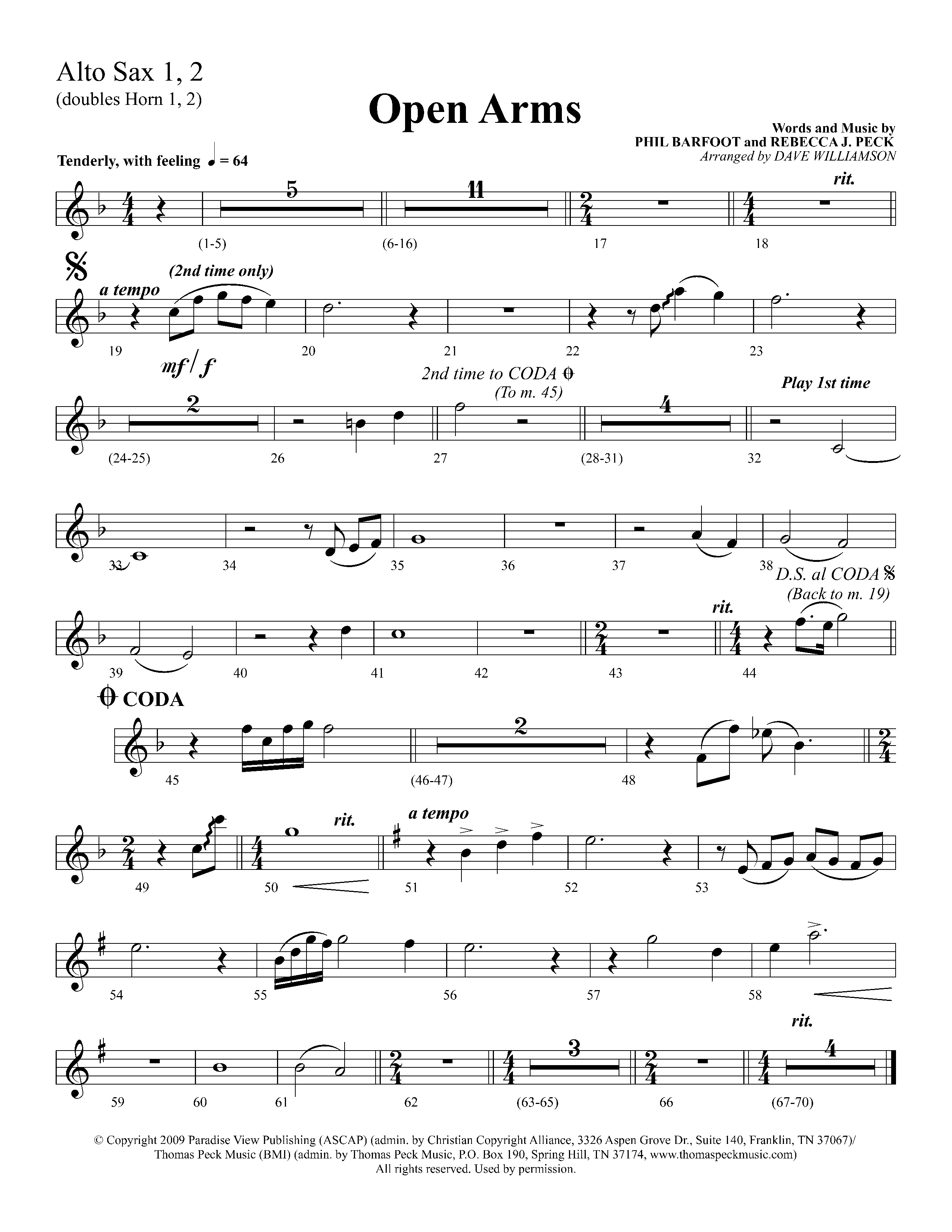 Open Arms (Choral Anthem SATB) Alto Sax 1/2 (Lifeway Choral / Arr. Dave Williamson)