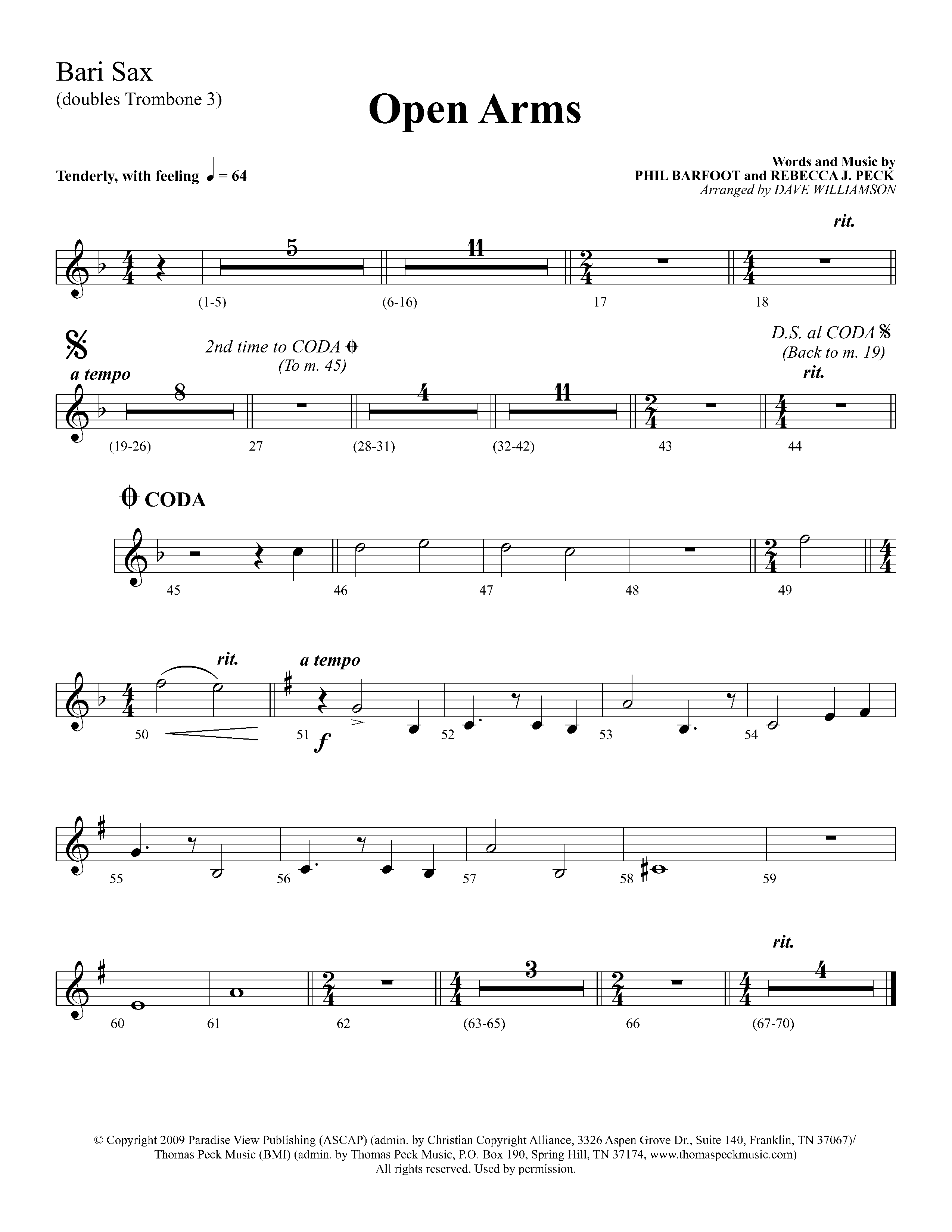 Open Arms (Choral Anthem SATB) Bari Sax (Lifeway Choral / Arr. Dave Williamson)
