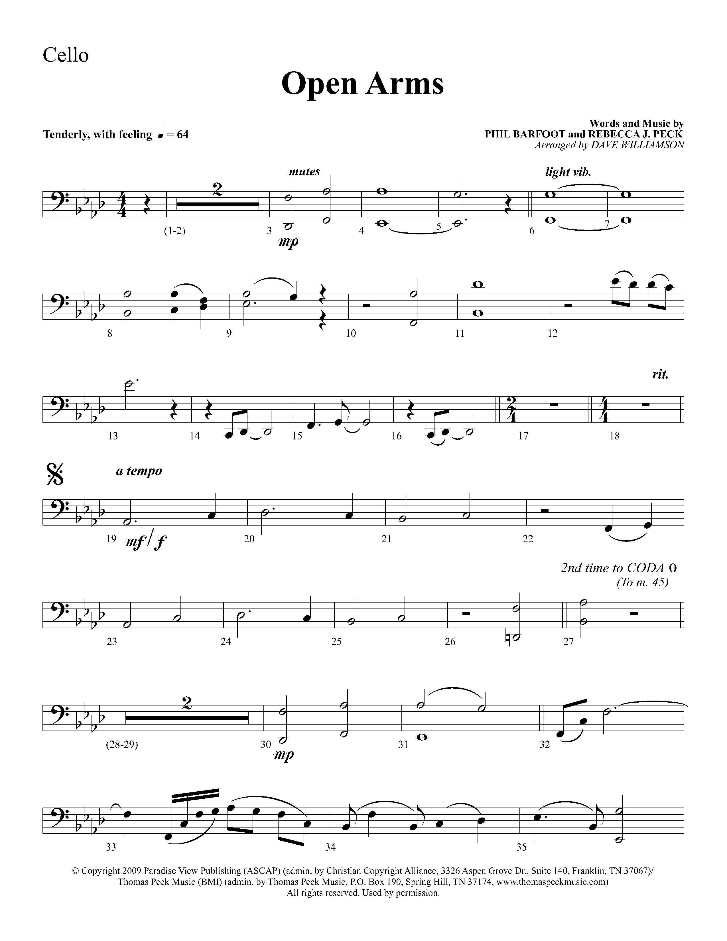 Open Arms (Choral Anthem SATB) Cello (Lifeway Choral / Arr. Dave Williamson)