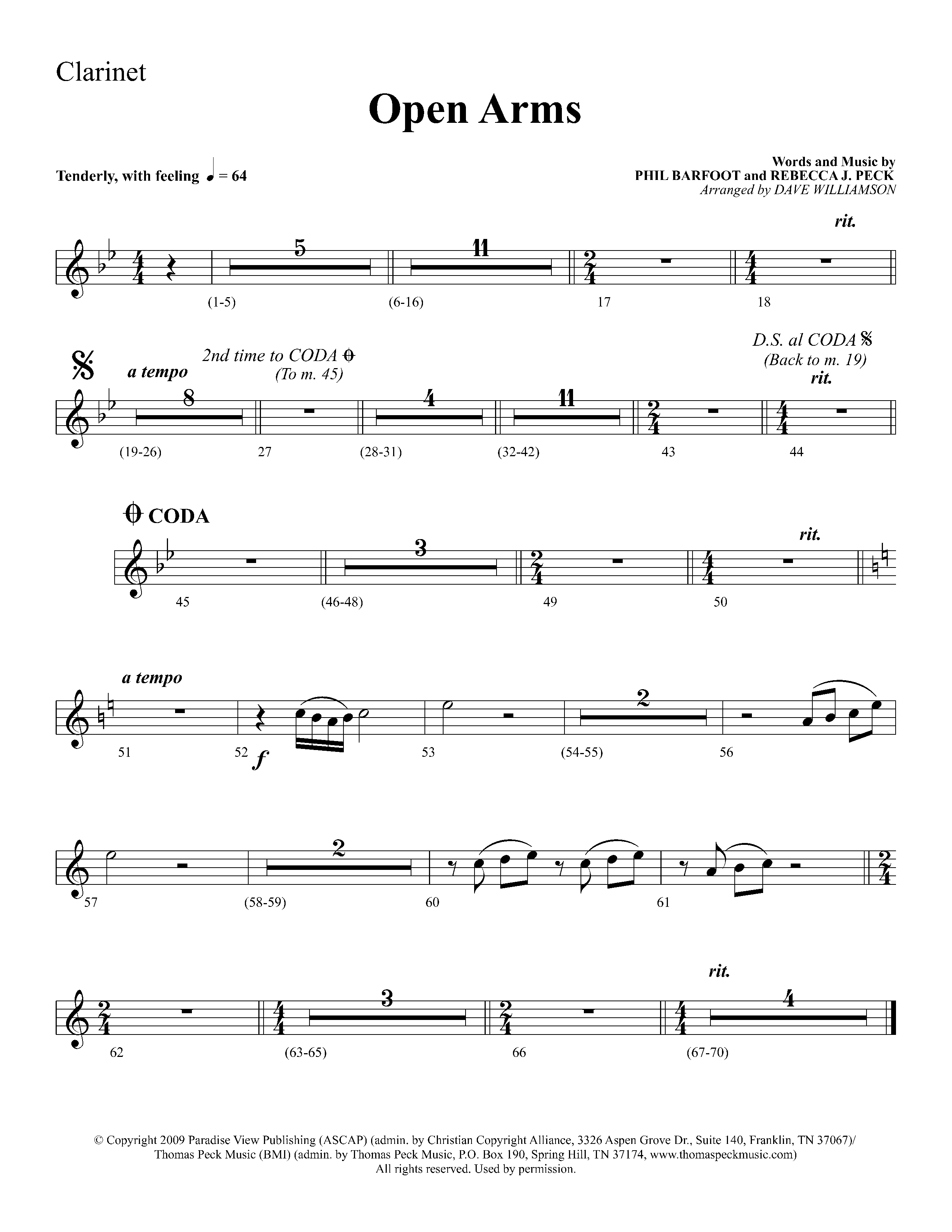 Open Arms (Choral Anthem SATB) Clarinet 1/2 (Lifeway Choral / Arr. Dave Williamson)