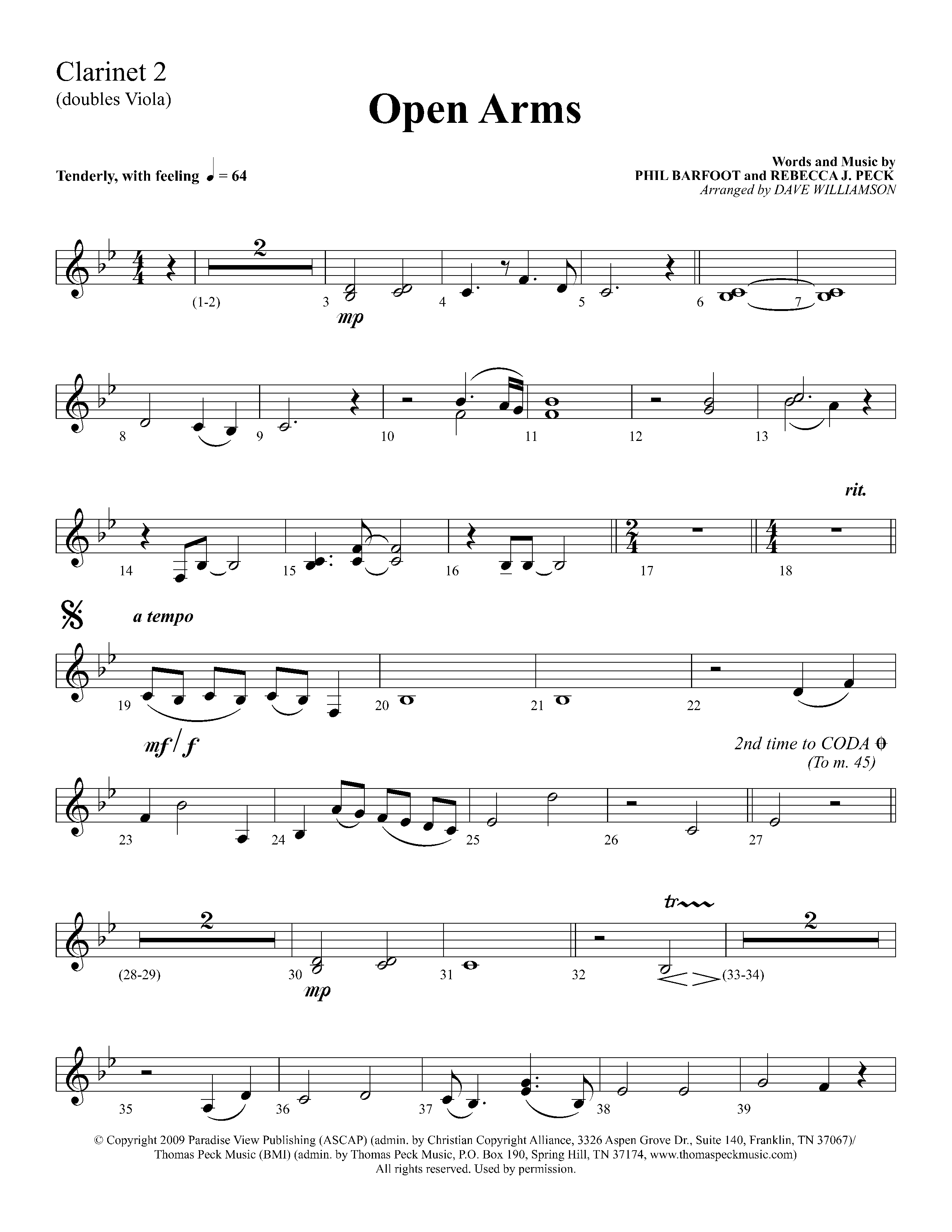 Open Arms (Choral Anthem SATB) Clarinet 1/2 (Lifeway Choral / Arr. Dave Williamson)