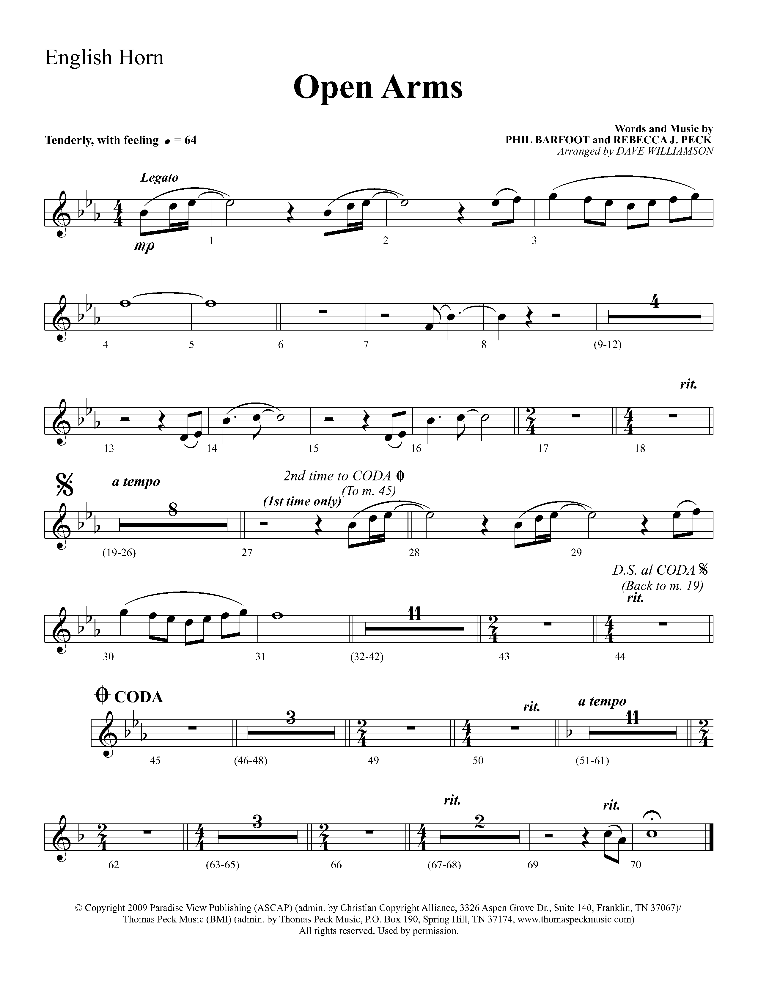 Open Arms (Choral Anthem SATB) English Horn (Lifeway Choral / Arr. Dave Williamson)