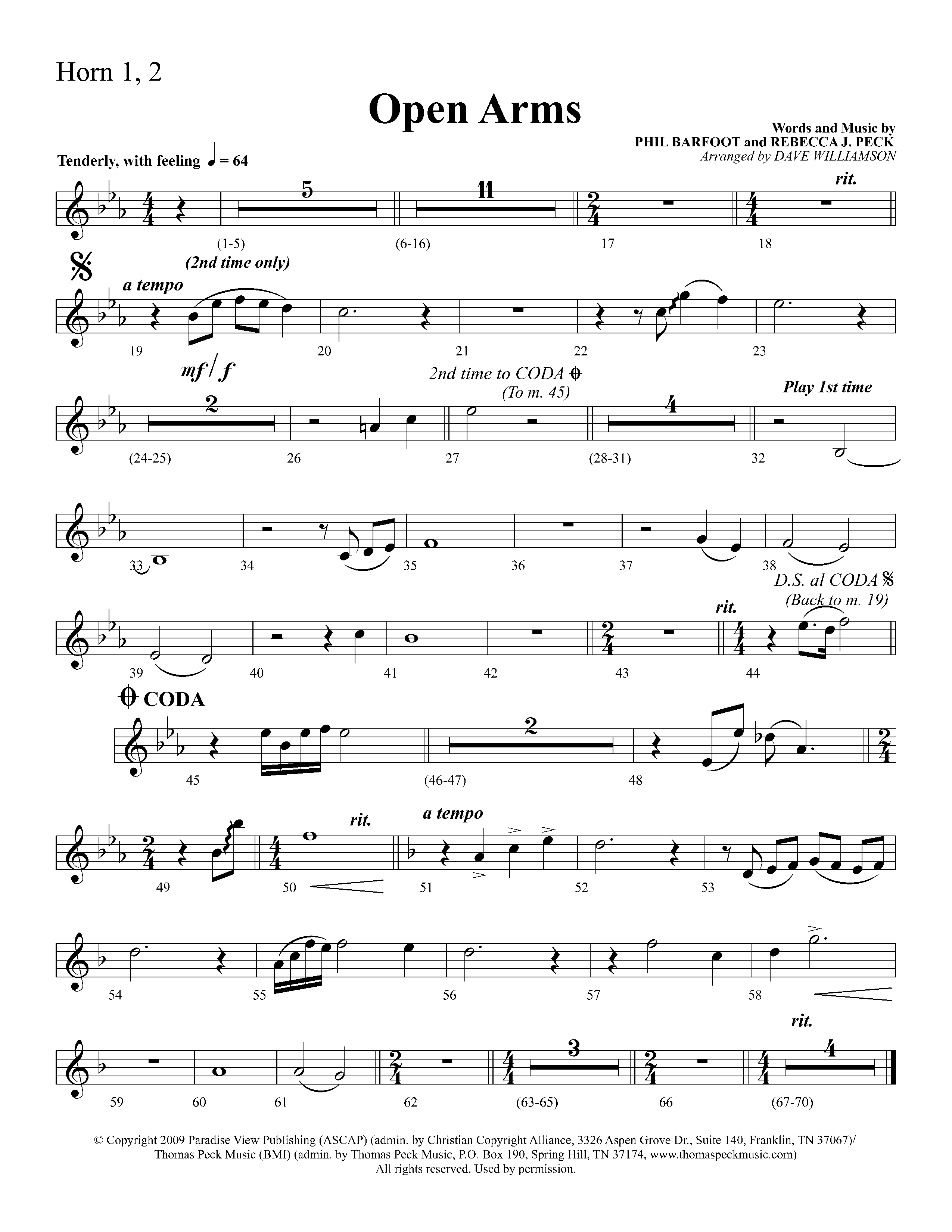 Open Arms (Choral Anthem SATB) French Horn 1/2 (Lifeway Choral / Arr. Dave Williamson)
