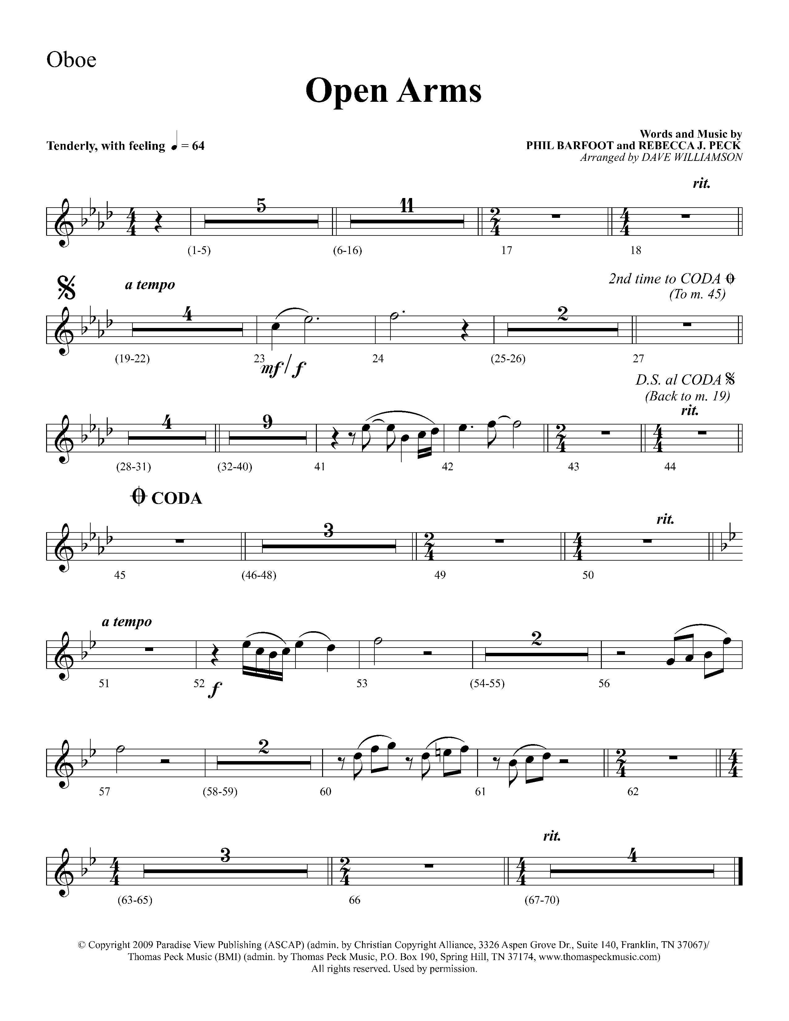 Open Arms (Choral Anthem SATB) Oboe (Lifeway Choral / Arr. Dave Williamson)