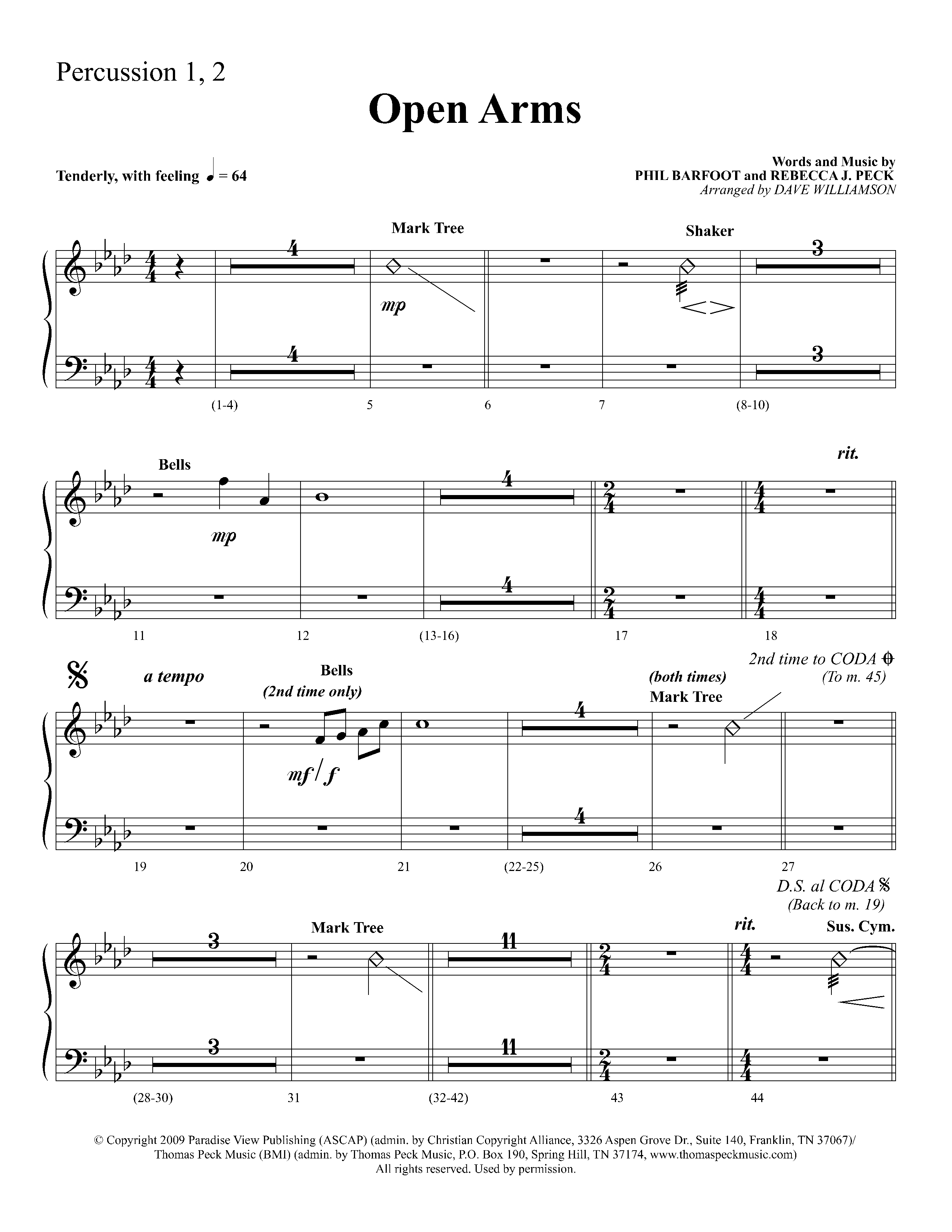 Open Arms (Choral Anthem SATB) Percussion 1/2 (Lifeway Choral / Arr. Dave Williamson)