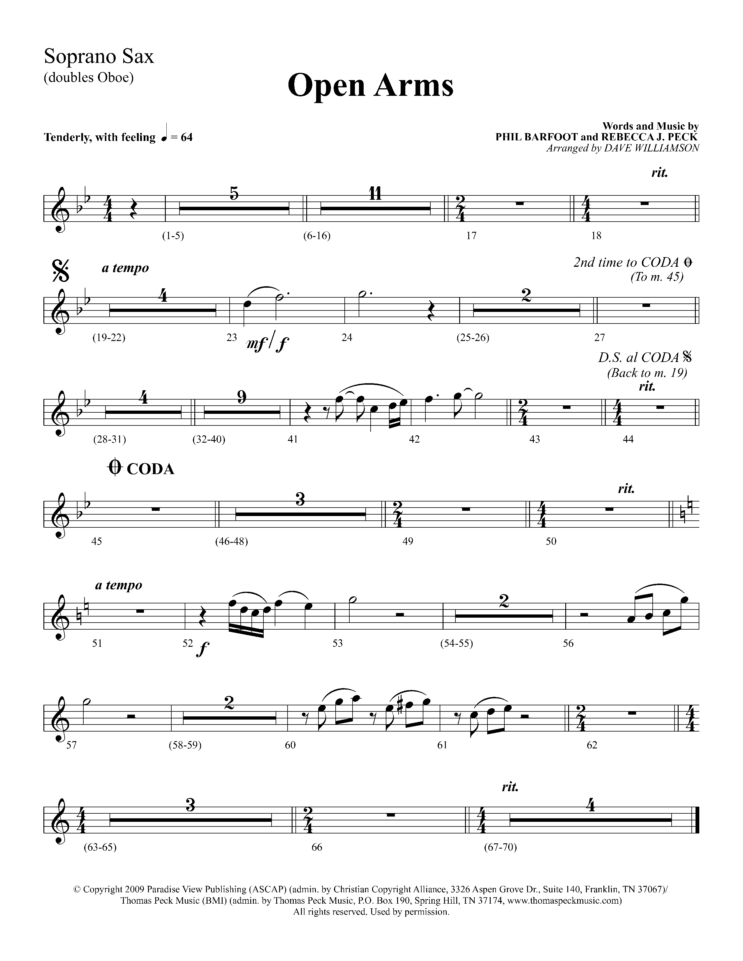 Open Arms (Choral Anthem SATB) Soprano Sax (Lifeway Choral / Arr. Dave Williamson)