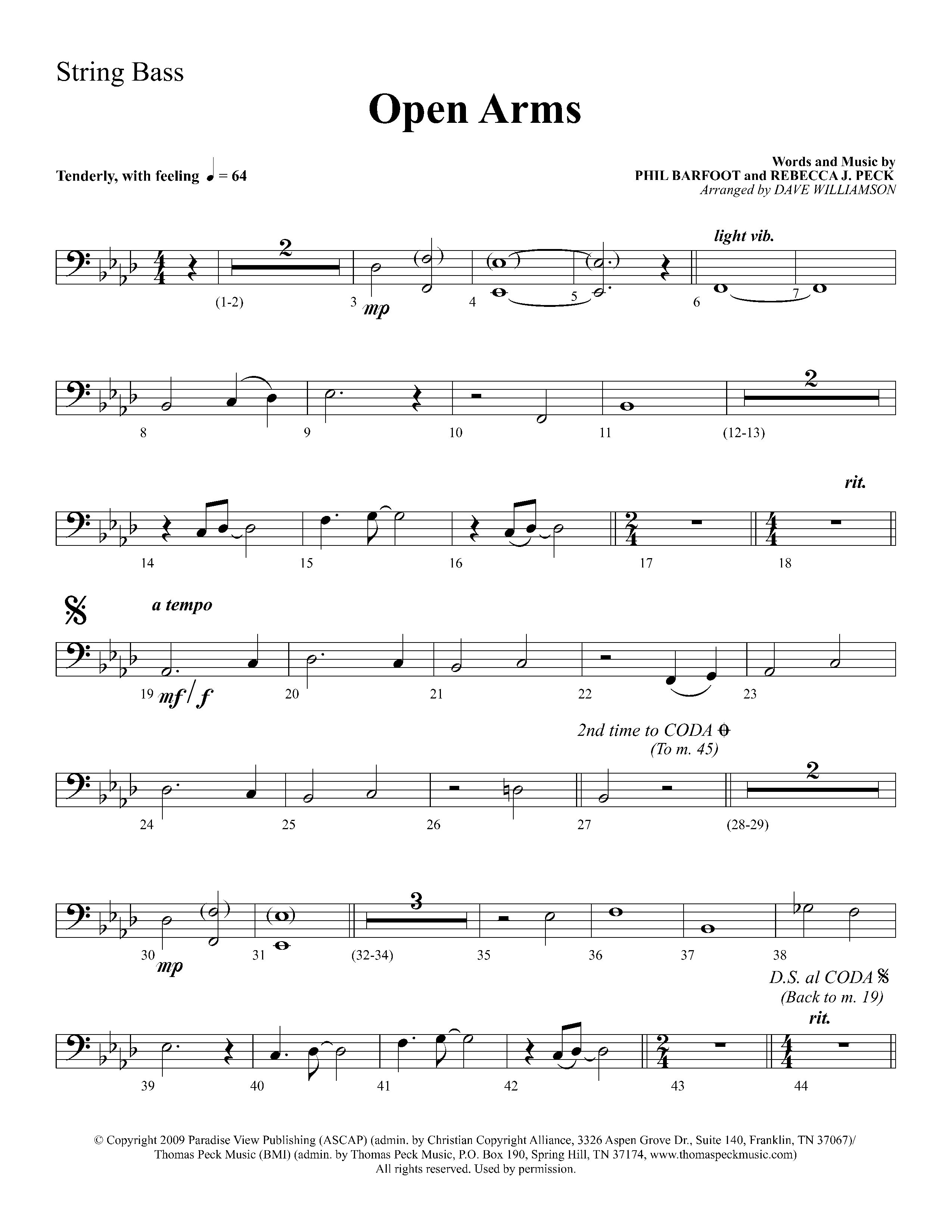 Open Arms (Choral Anthem SATB) String Bass (Lifeway Choral / Arr. Dave Williamson)