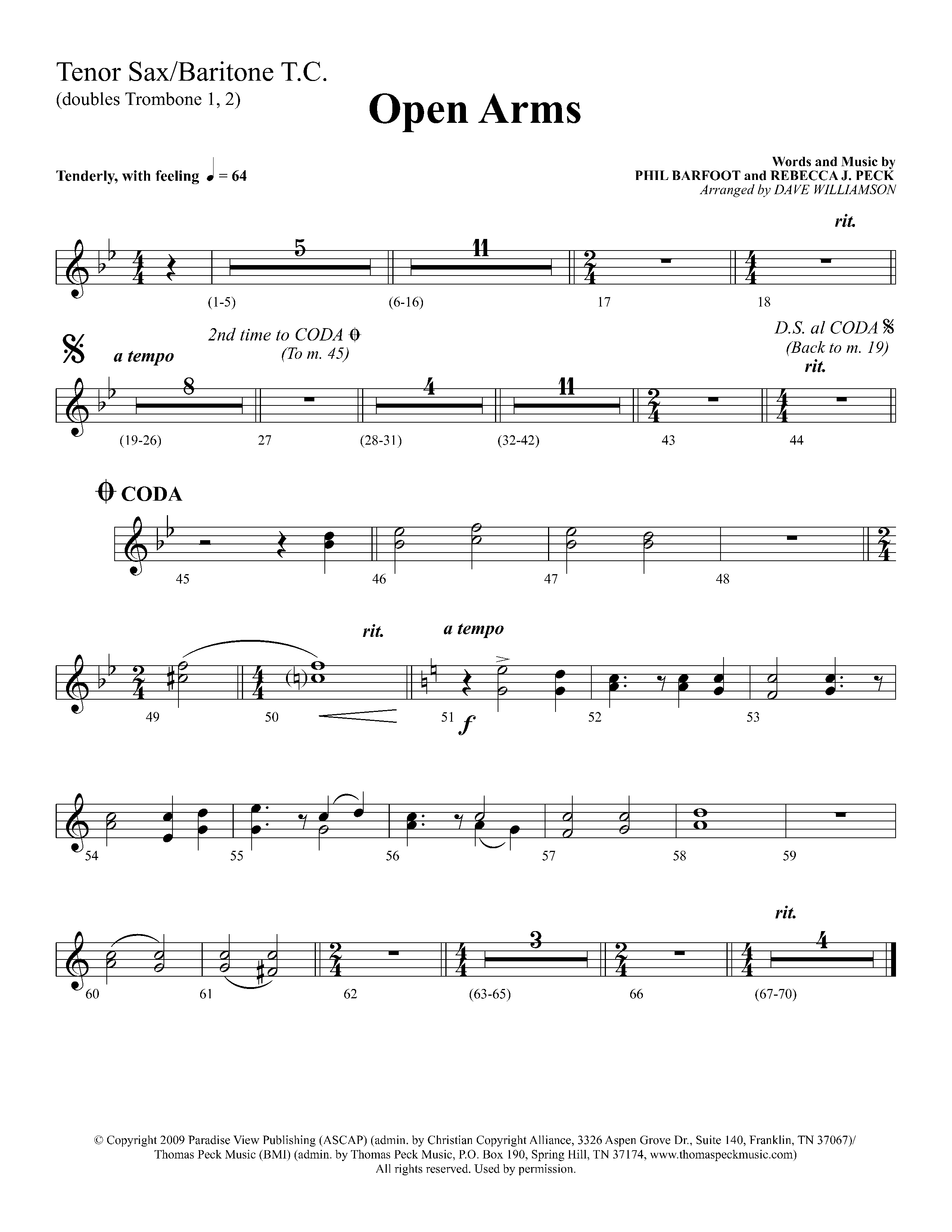 Open Arms (Choral Anthem SATB) Tenor Sax/Baritone T.C. (Lifeway Choral / Arr. Dave Williamson)