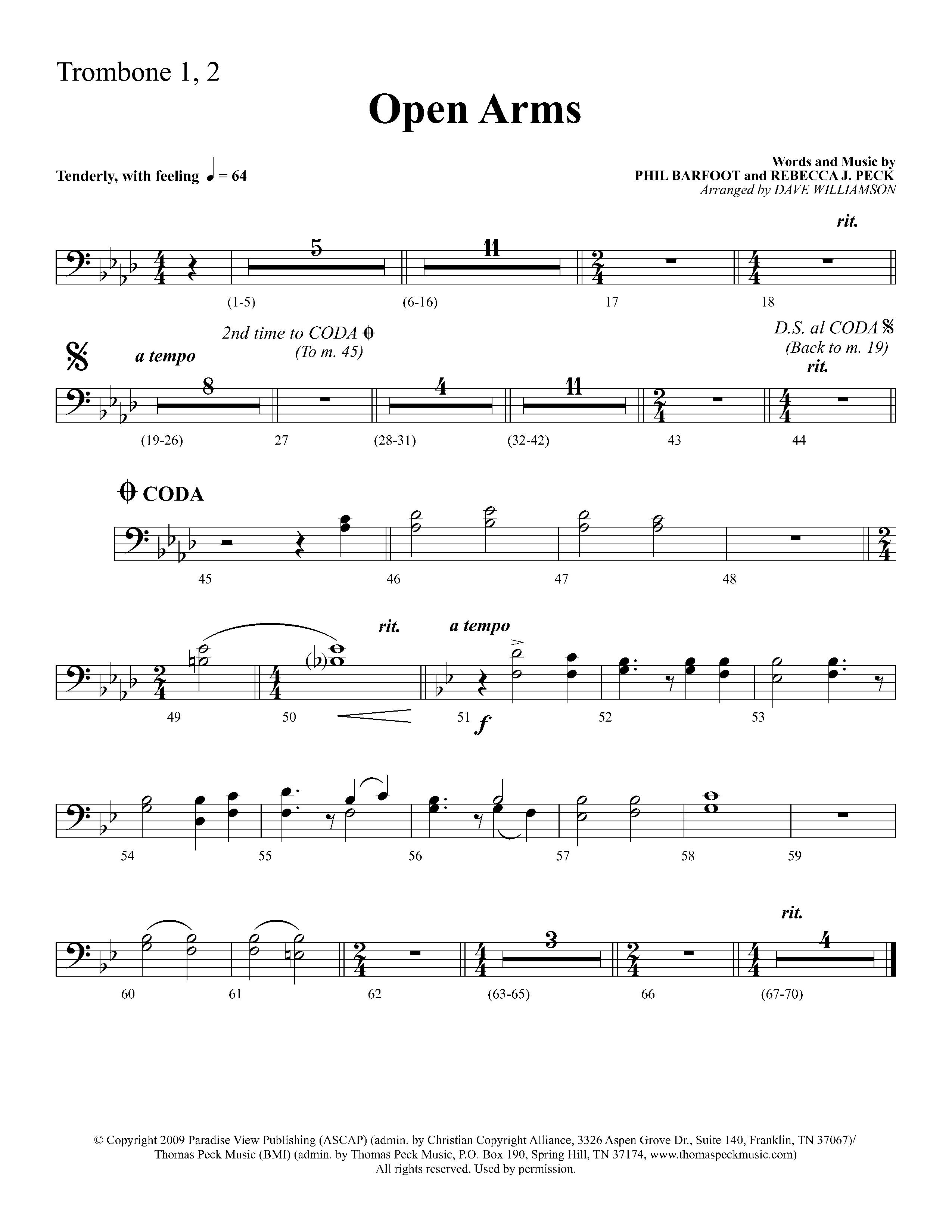 Open Arms (Choral Anthem SATB) Trombone 1/2 (Lifeway Choral / Arr. Dave Williamson)