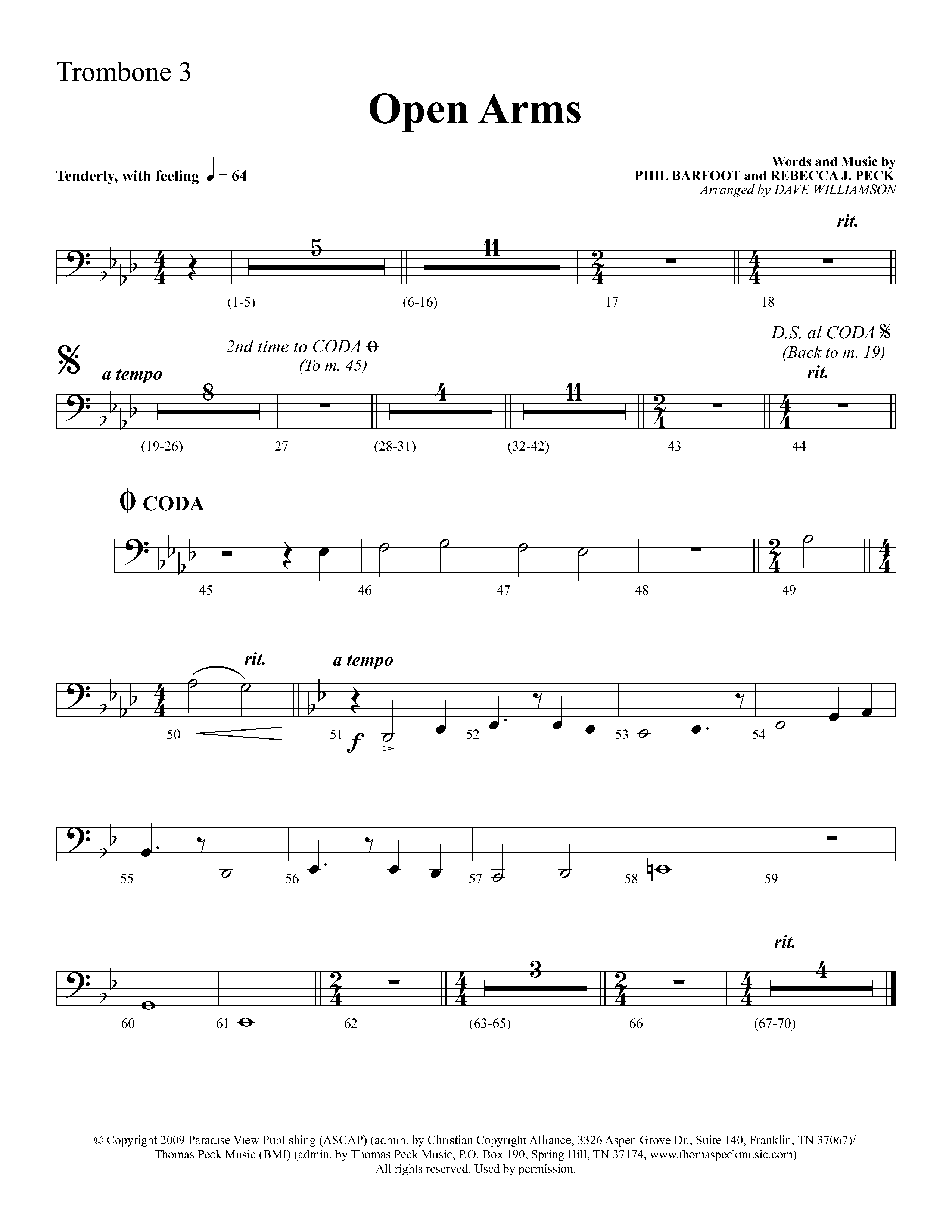 Open Arms (Choral Anthem SATB) Trombone 3 (Lifeway Choral / Arr. Dave Williamson)