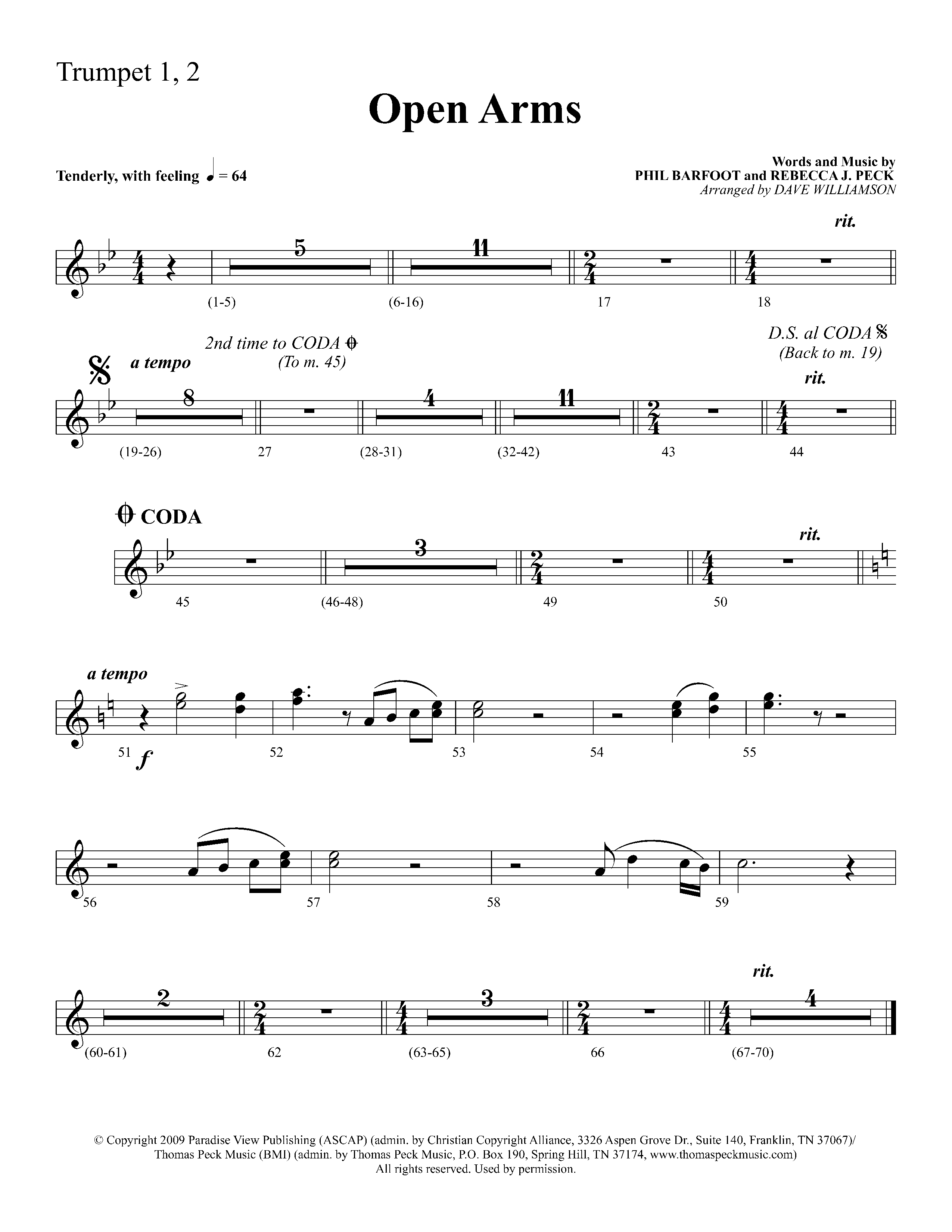 Open Arms (Choral Anthem SATB) Trumpet 1,2 (Lifeway Choral / Arr. Dave Williamson)