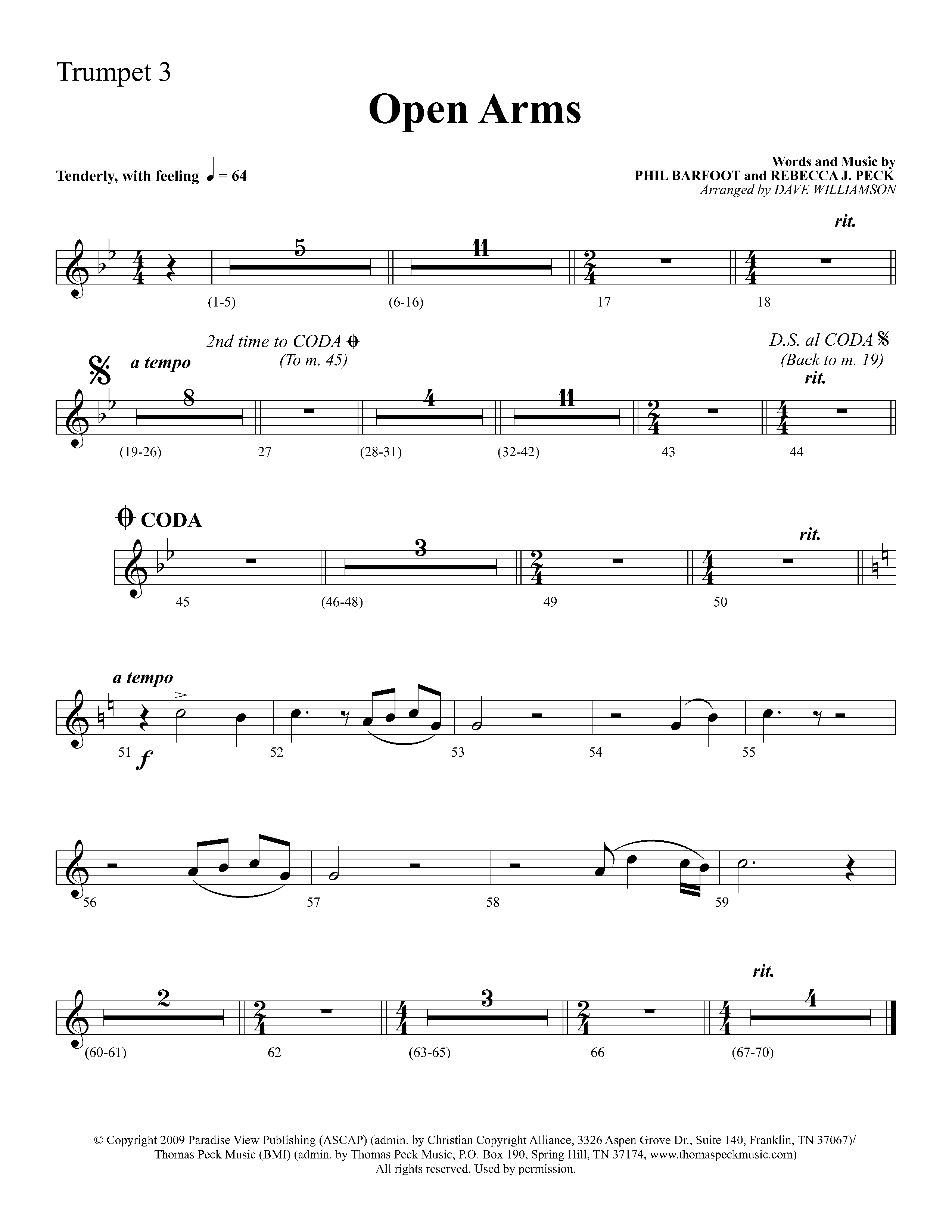 Open Arms (Choral Anthem SATB) Trumpet 3 (Lifeway Choral / Arr. Dave Williamson)