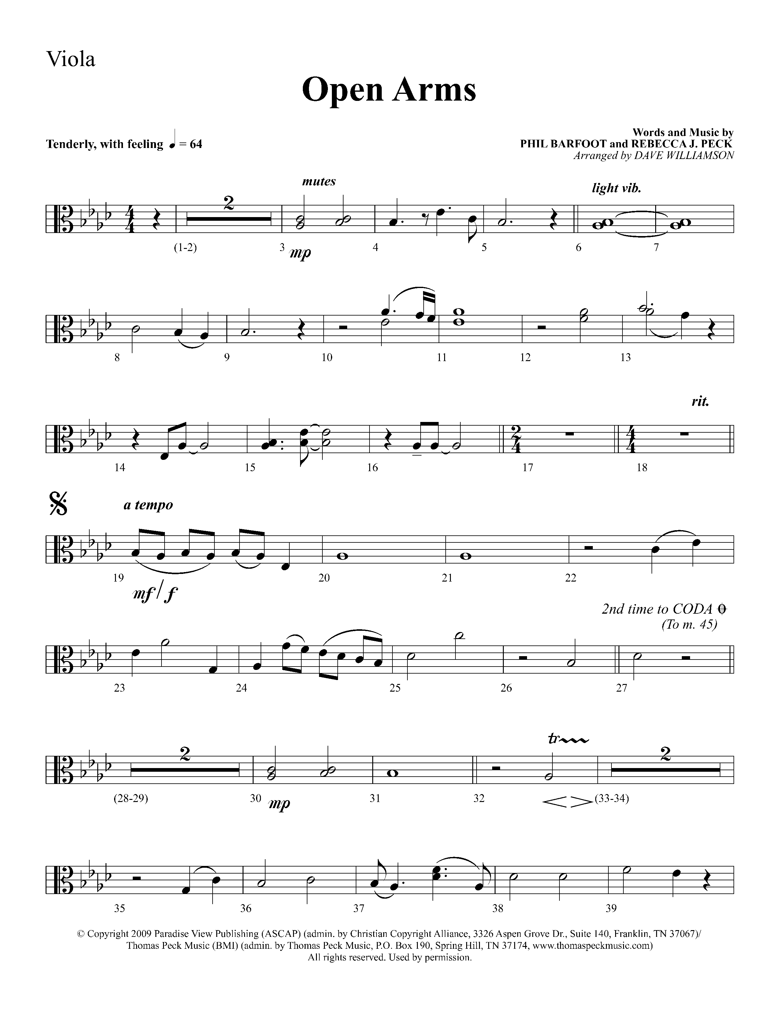 Open Arms (Choral Anthem SATB) Viola (Lifeway Choral / Arr. Dave Williamson)
