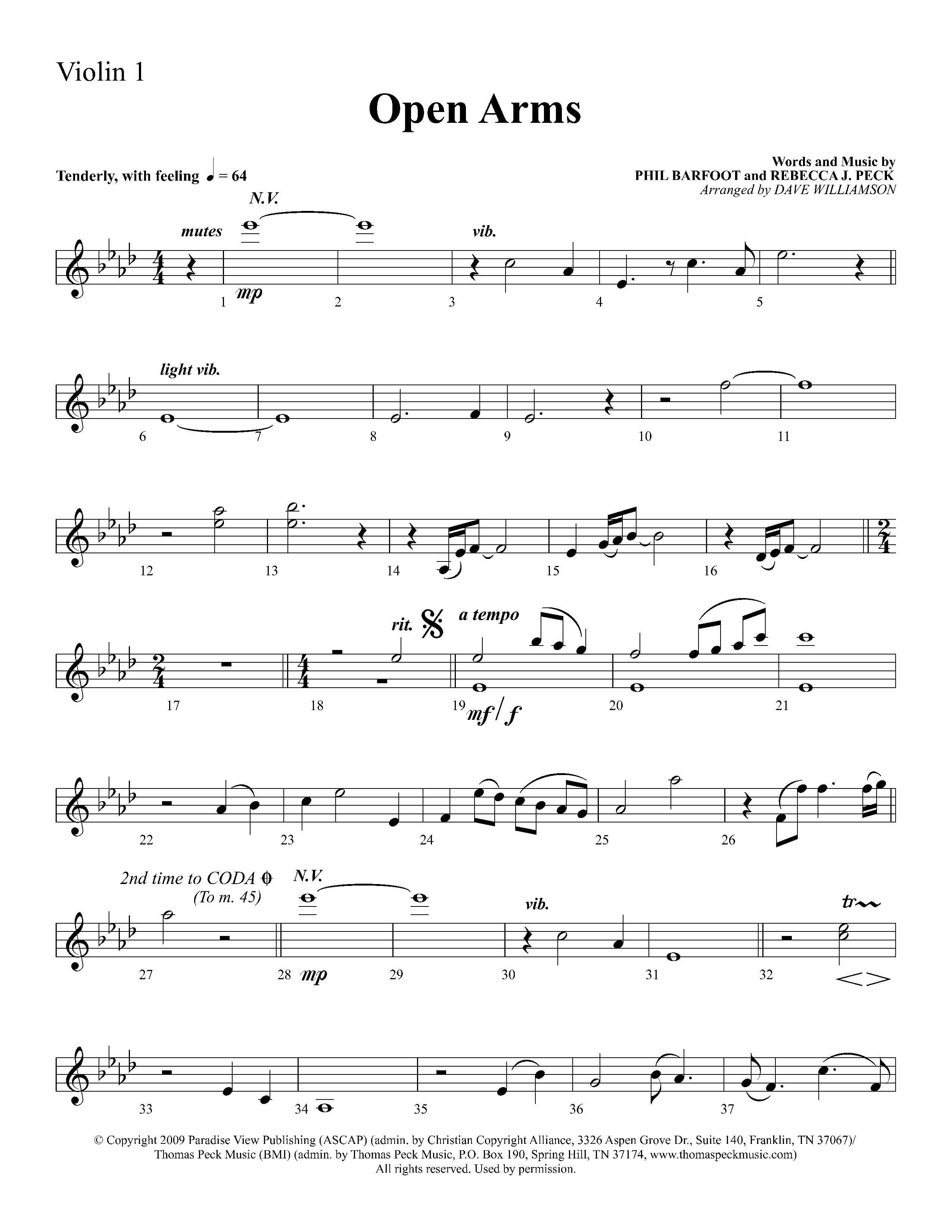 Open Arms (Choral Anthem SATB) Violin 1 (Lifeway Choral / Arr. Dave Williamson)