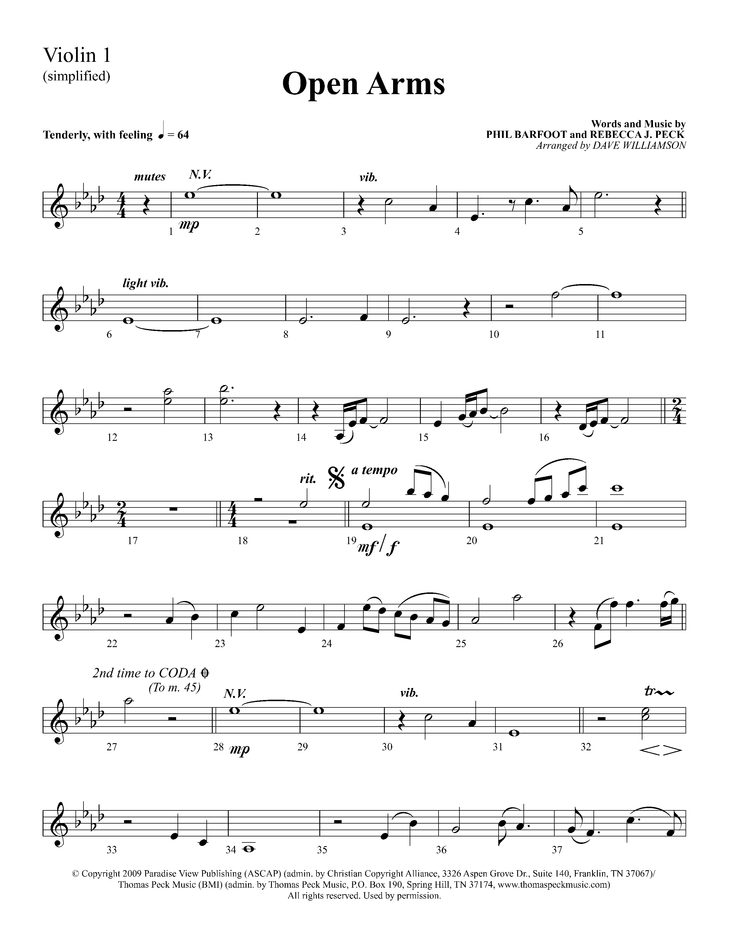 Open Arms (Choral Anthem SATB) Violin 1 (Lifeway Choral / Arr. Dave Williamson)