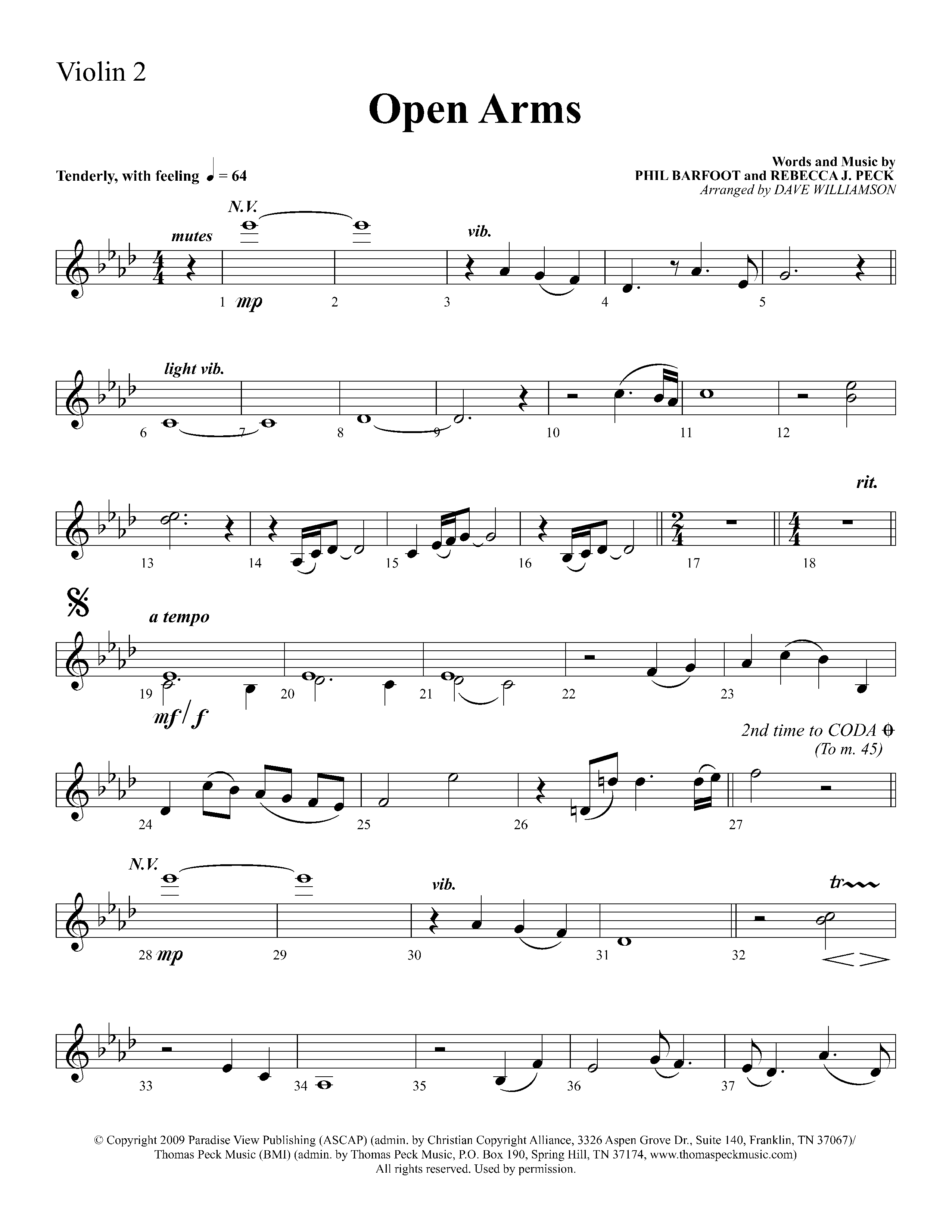 Open Arms (Choral Anthem SATB) Violin 2 (Lifeway Choral / Arr. Dave Williamson)