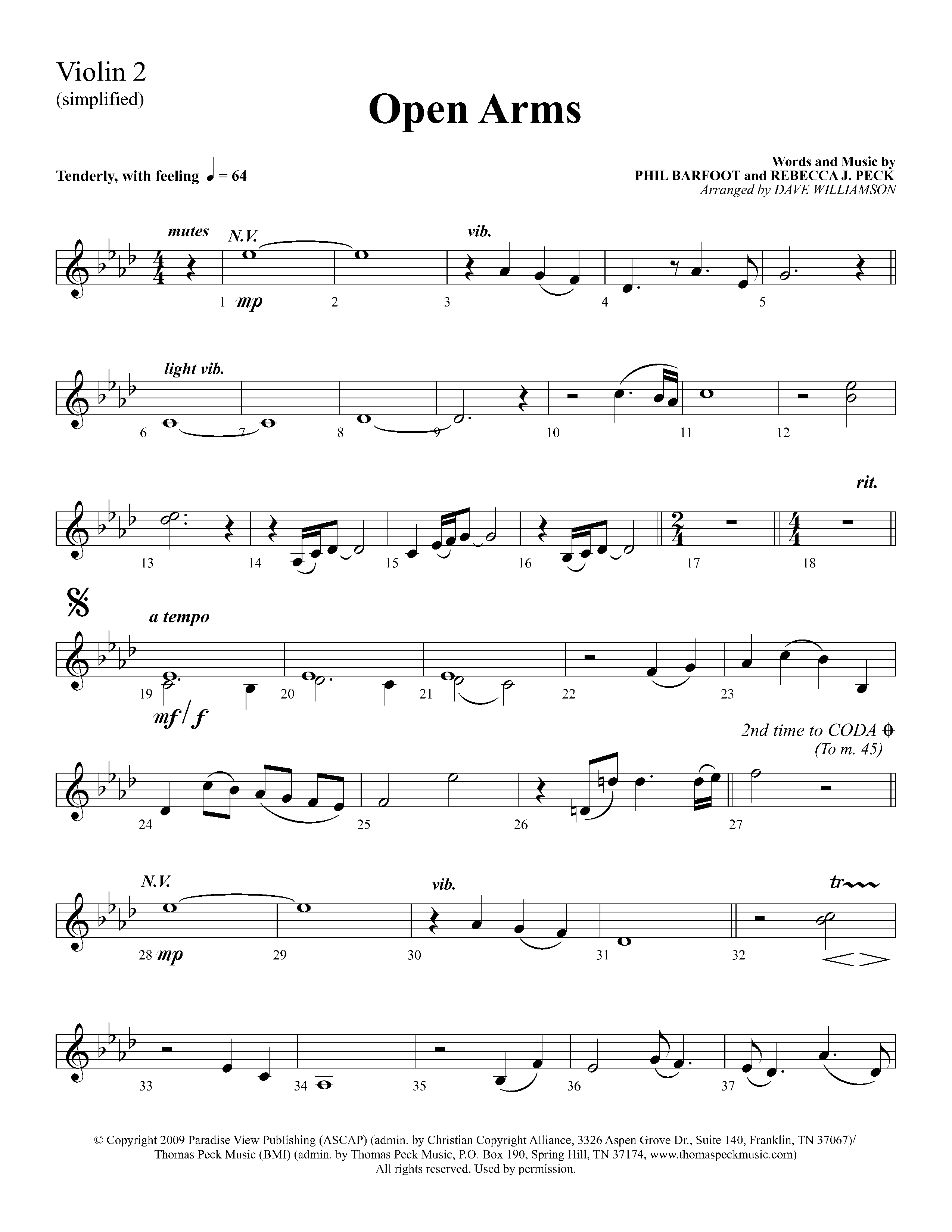 Open Arms (Choral Anthem SATB) Violin 2 (Lifeway Choral / Arr. Dave Williamson)