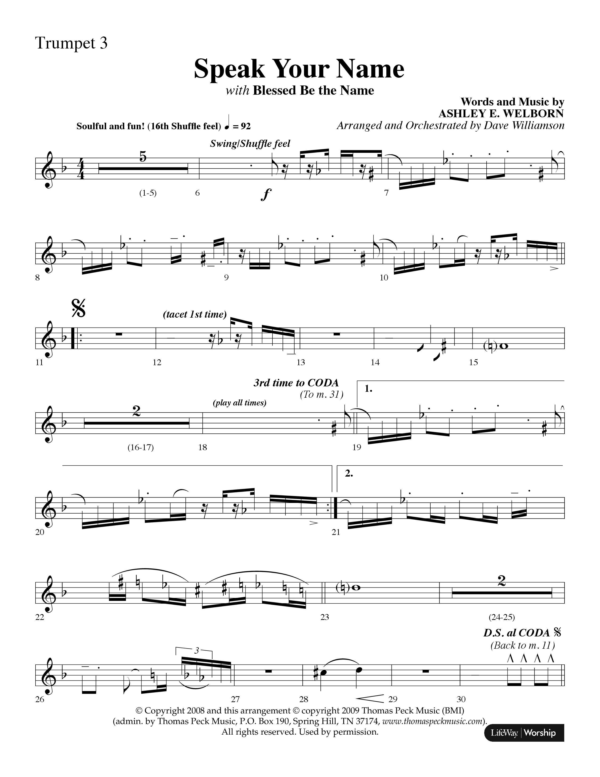 Speak Your Name (with Blessed Be The Name) (Choral Anthem SATB) Trumpet 3 (Lifeway Choral / Arr. Dave Williamson)