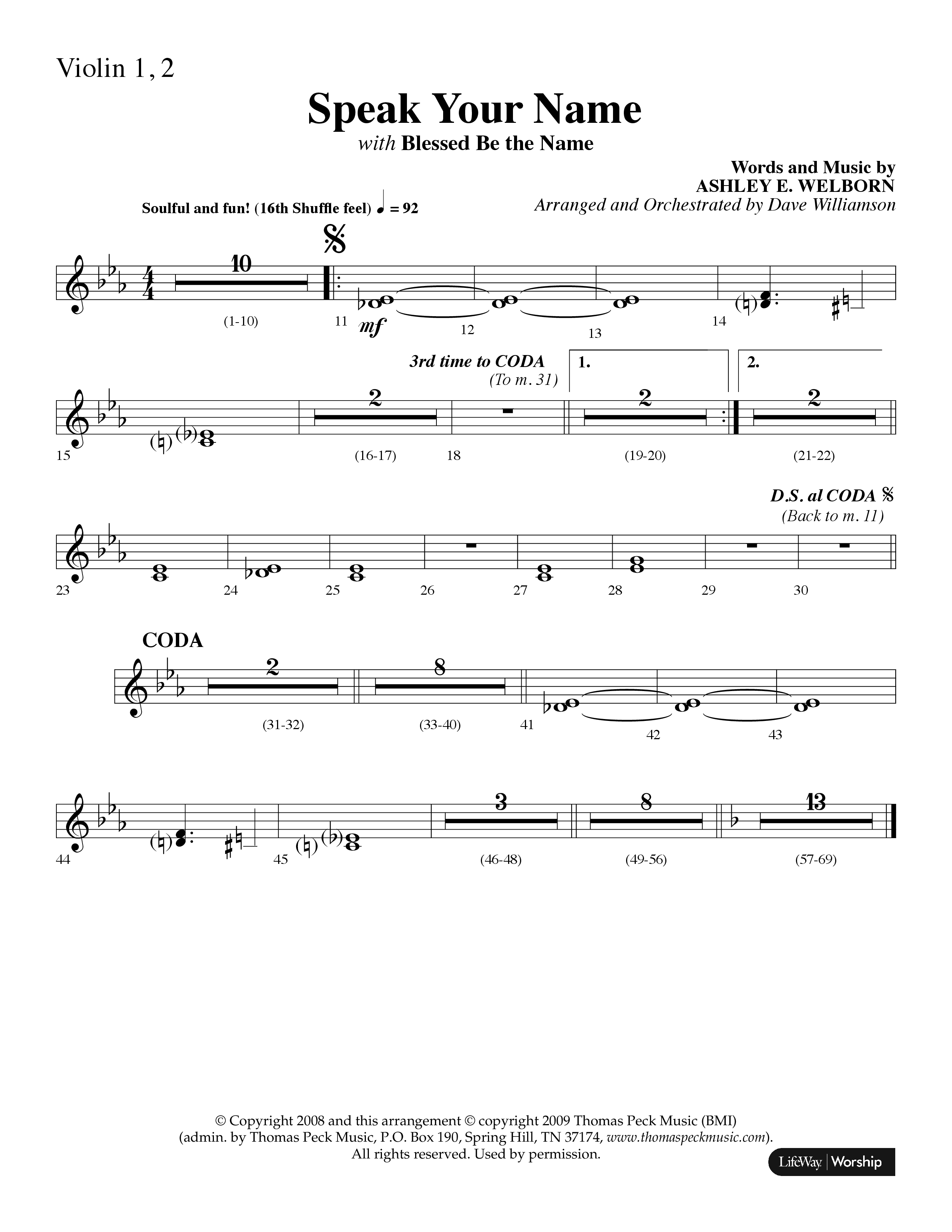 Speak Your Name (with Blessed Be The Name) (Choral Anthem SATB) Violin 1/2 (Lifeway Choral / Arr. Dave Williamson)