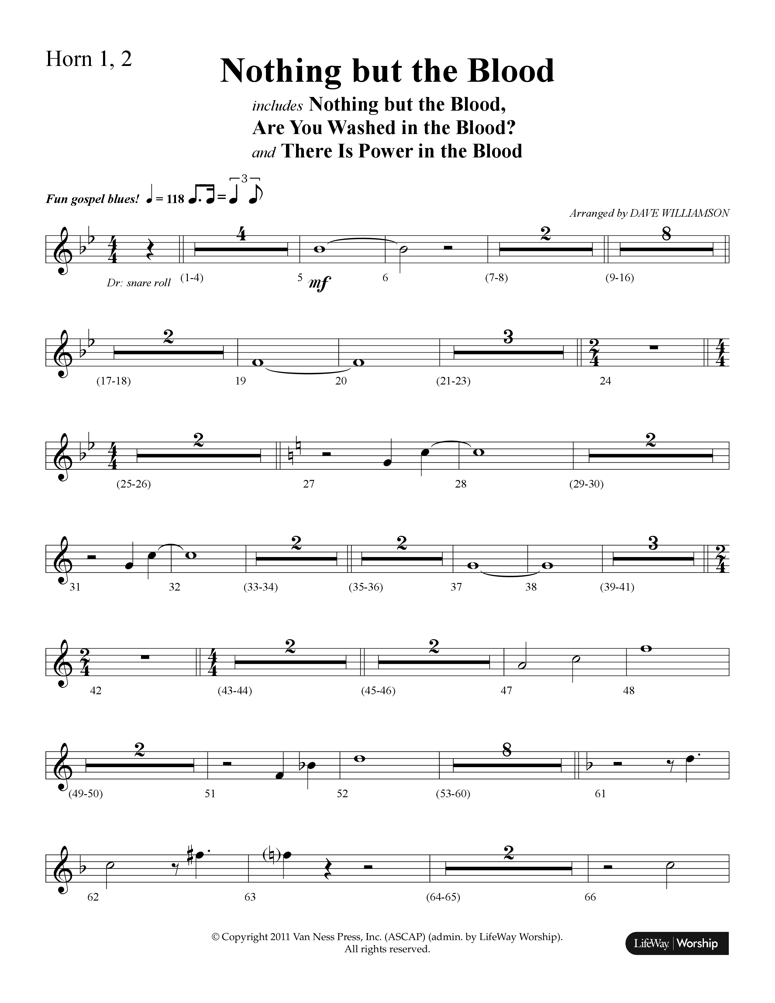 Nothing But The Blood (with Are You Washed In The Blood, There Is Power In The Blood) (Choral Anthem SATB) French Horn 1/2 (Lifeway Choral / Arr. Dave Williamson)