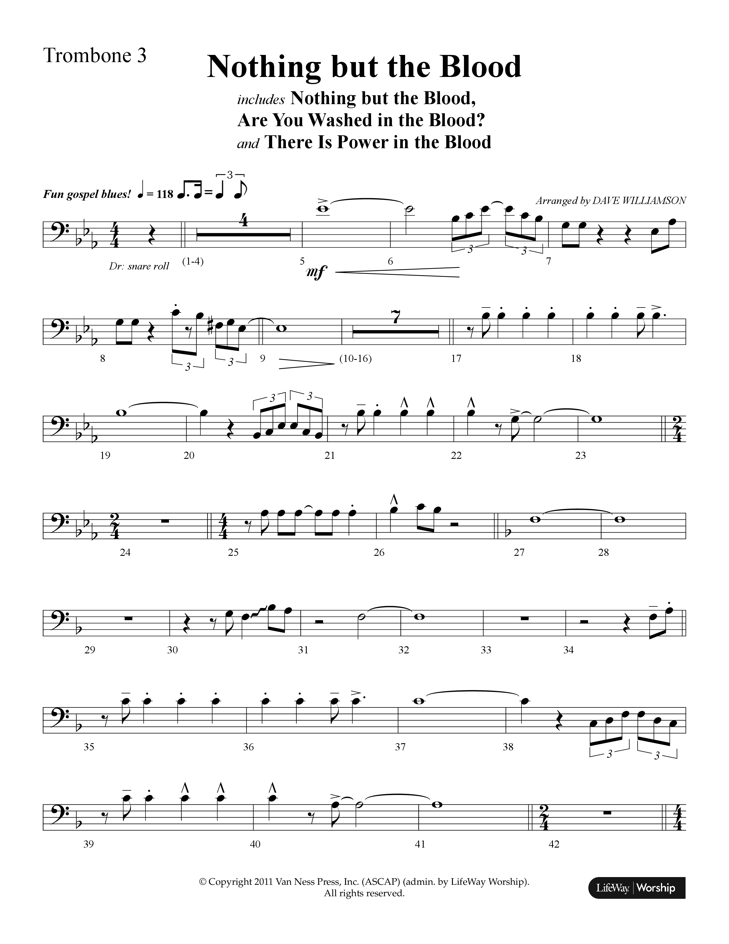 Nothing But The Blood (with Are You Washed In The Blood, There Is Power In The Blood) (Choral Anthem SATB) Trombone 3 (Lifeway Choral / Arr. Dave Williamson)