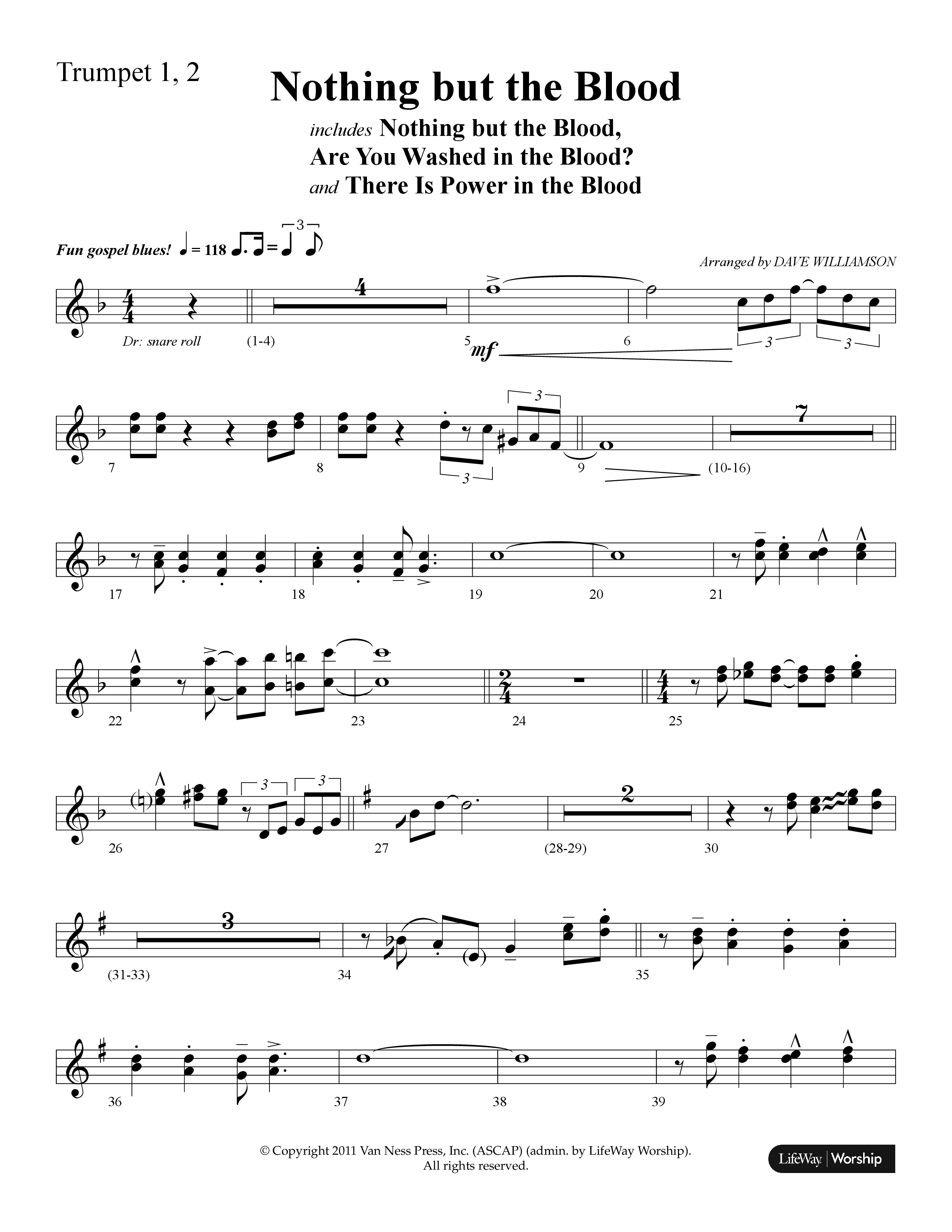Nothing But The Blood (with Are You Washed In The Blood, There Is Power In The Blood) (Choral Anthem SATB) Trumpet 1,2 (Lifeway Choral / Arr. Dave Williamson)