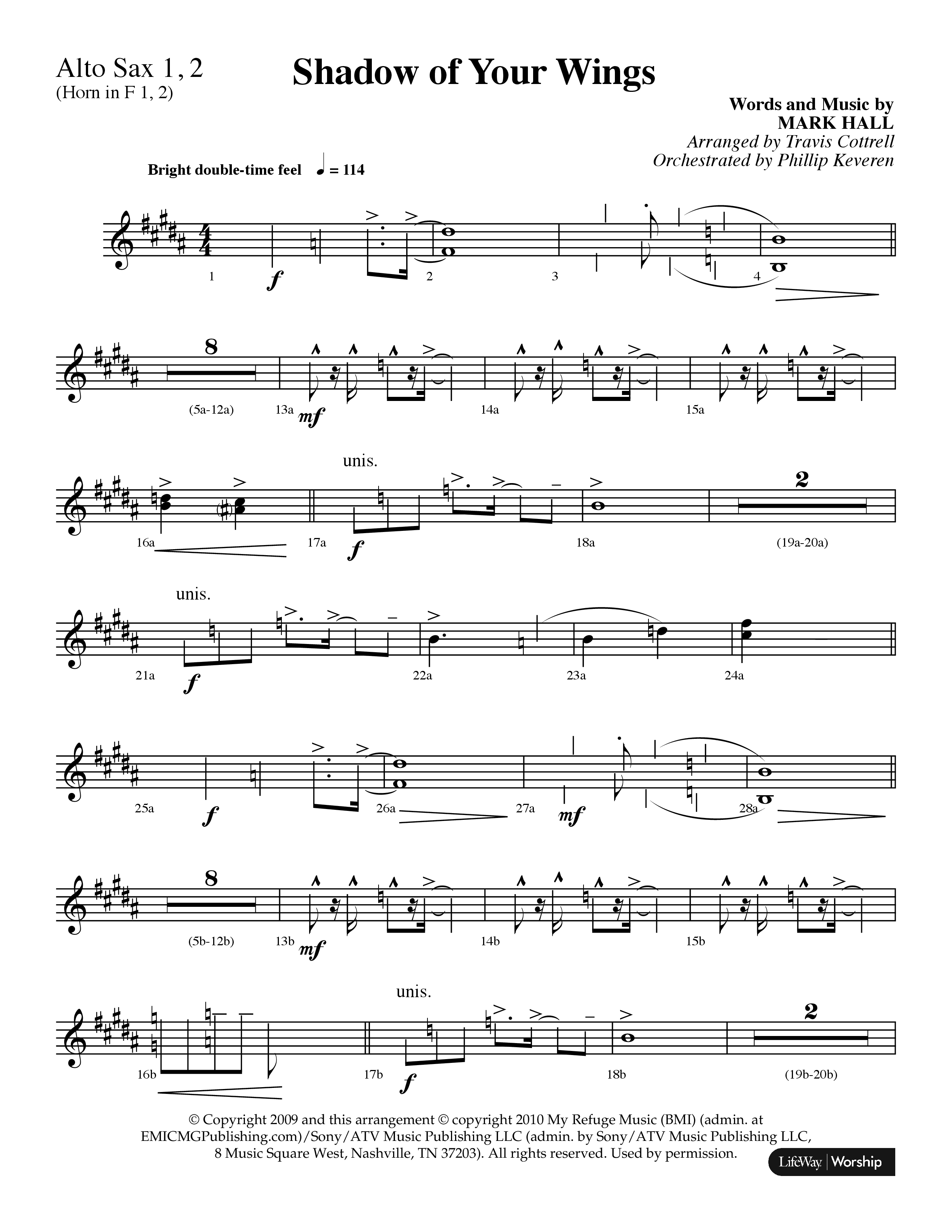 Shadow Of Your Wings (Choral Anthem SATB) Alto Sax 1/2 (Lifeway Choral / Arr. Travis Cottrell / Orch. Phillip Keveren)