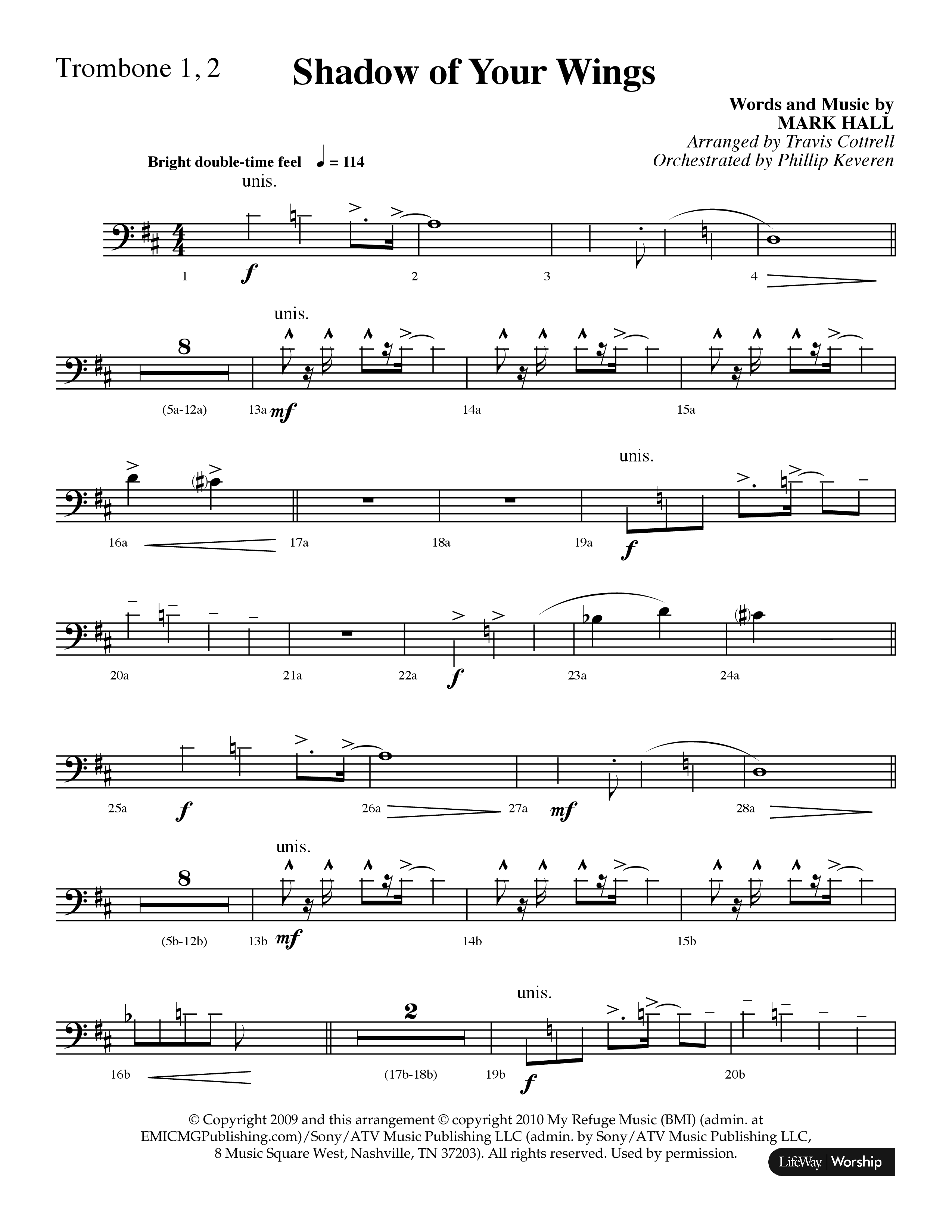 Shadow Of Your Wings (Choral Anthem SATB) Trombone 1/2 (Lifeway Choral / Arr. Travis Cottrell / Orch. Phillip Keveren)