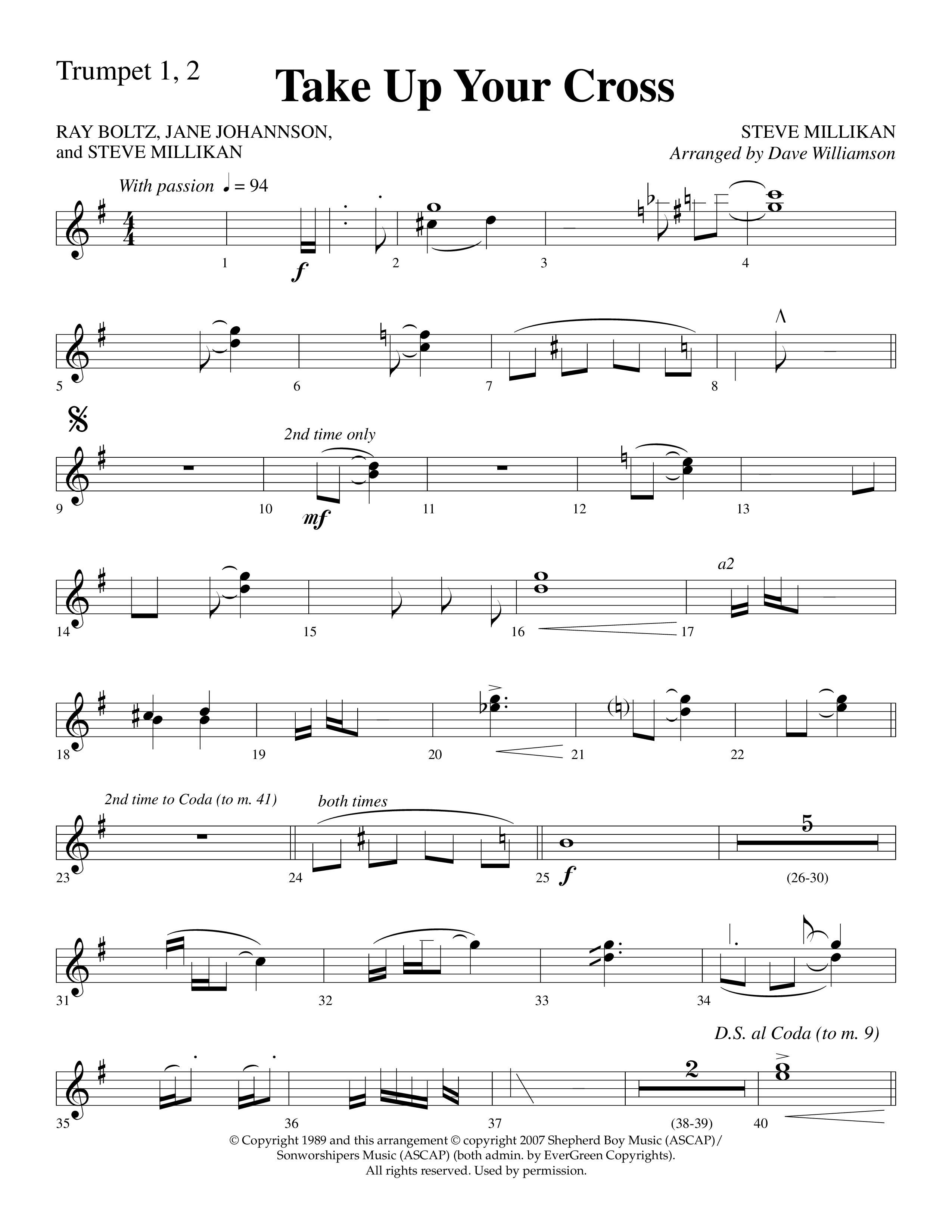 Take Up Your Cross (Choral Anthem SATB) Trumpet 1,2 (Lifeway Choral / Arr. Dave Williamson)