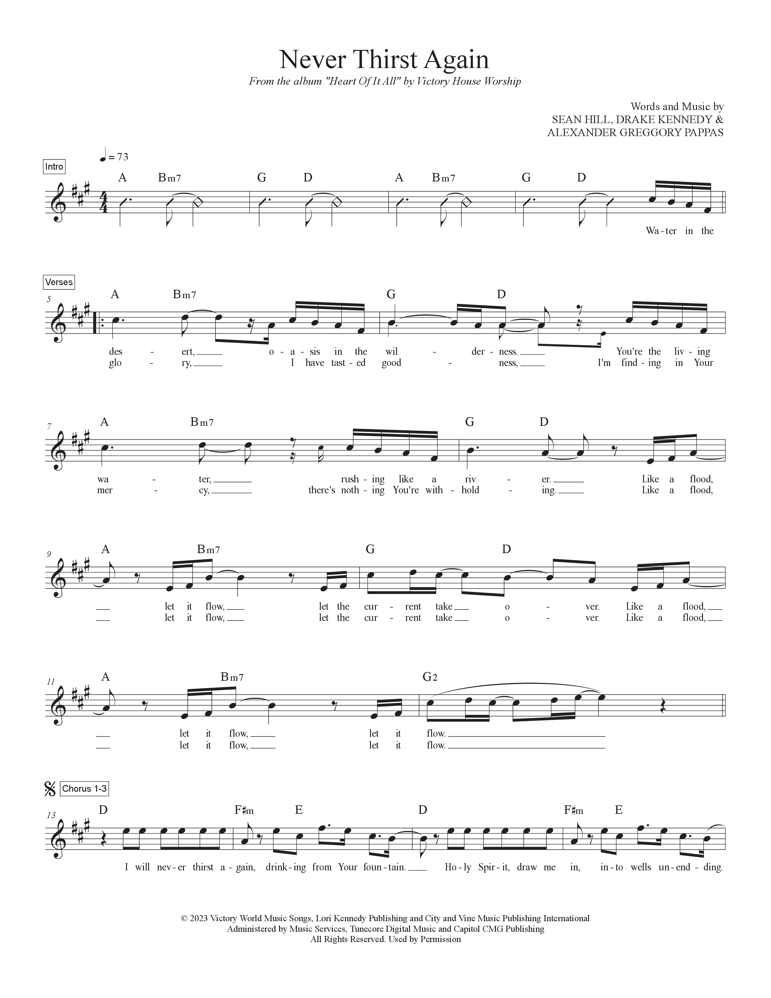 Never Thirst Again Lead Sheet Melody (Victory House Worship)