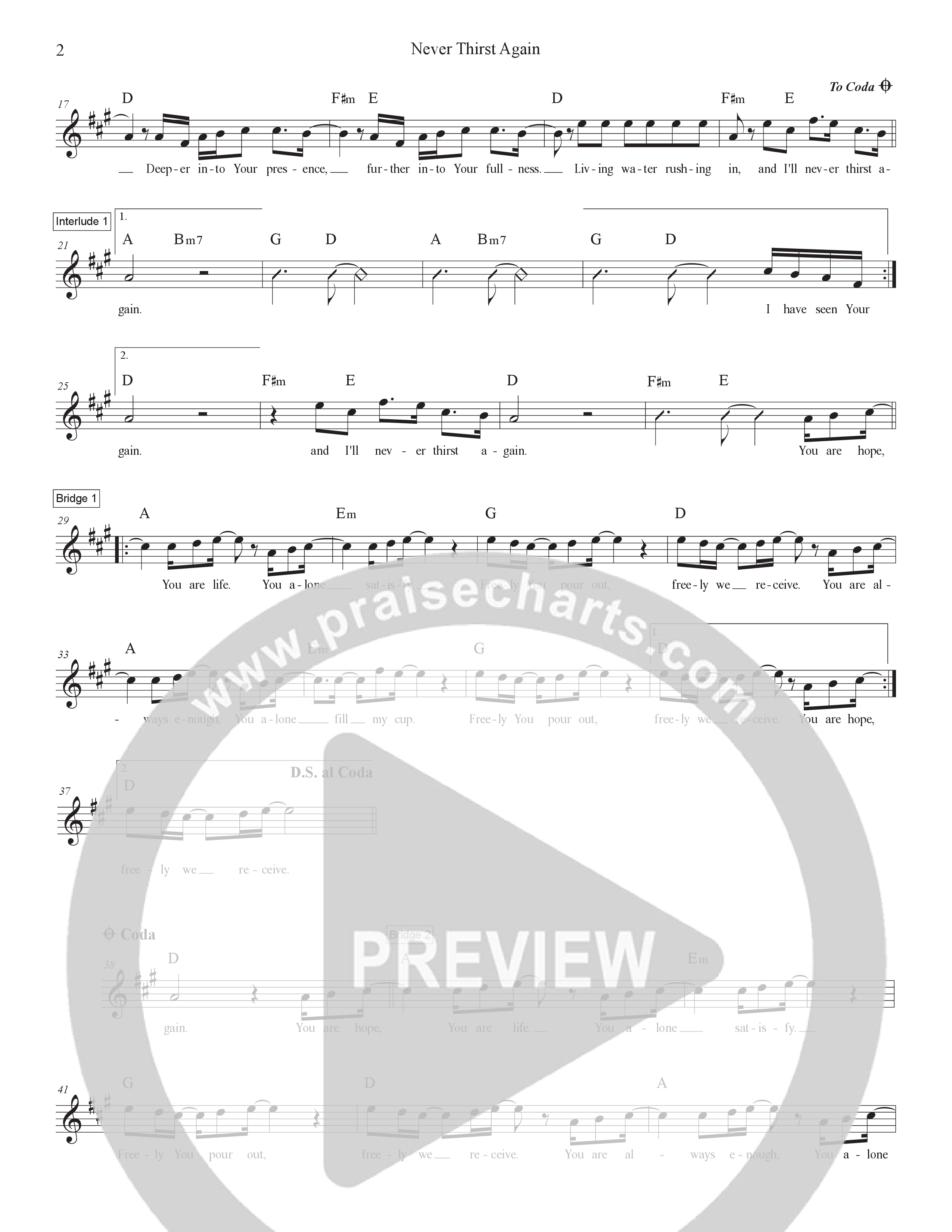 Never Thirst Again Lead Sheet Melody (Victory House Worship)