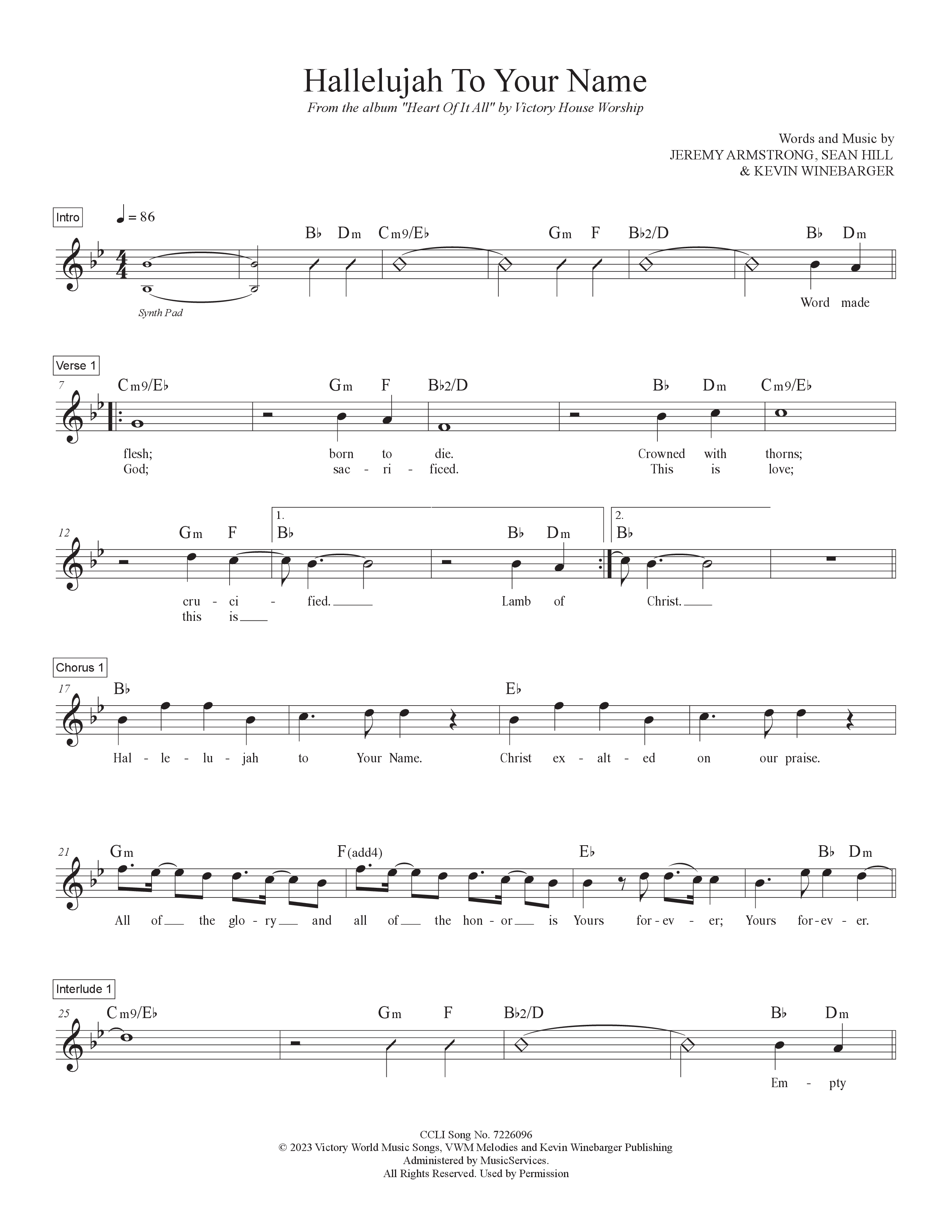 Hallelujah To Your Name Lead Sheet Melody (Victory House Worship)
