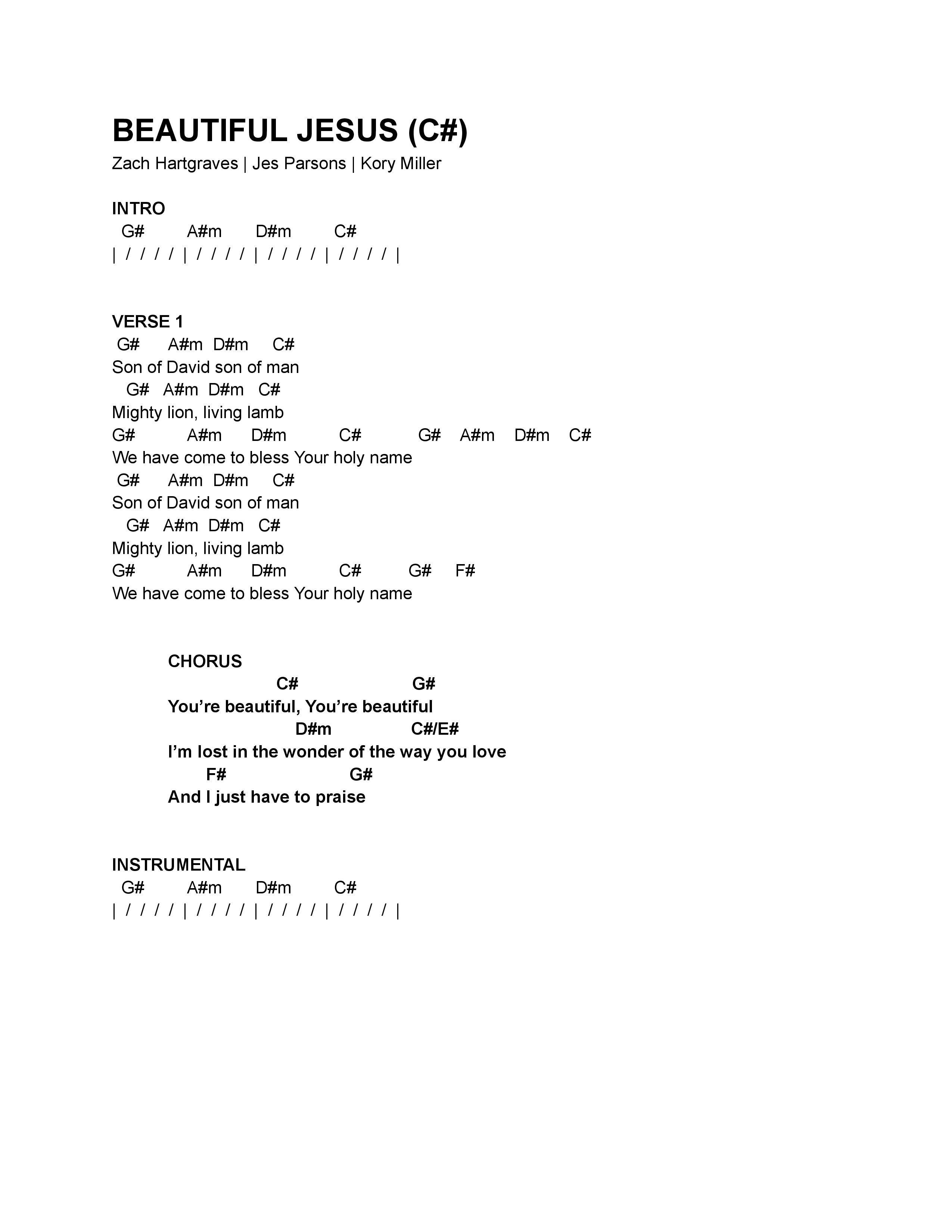 Beautiful Jesus Chord Chart (Kory Miller)