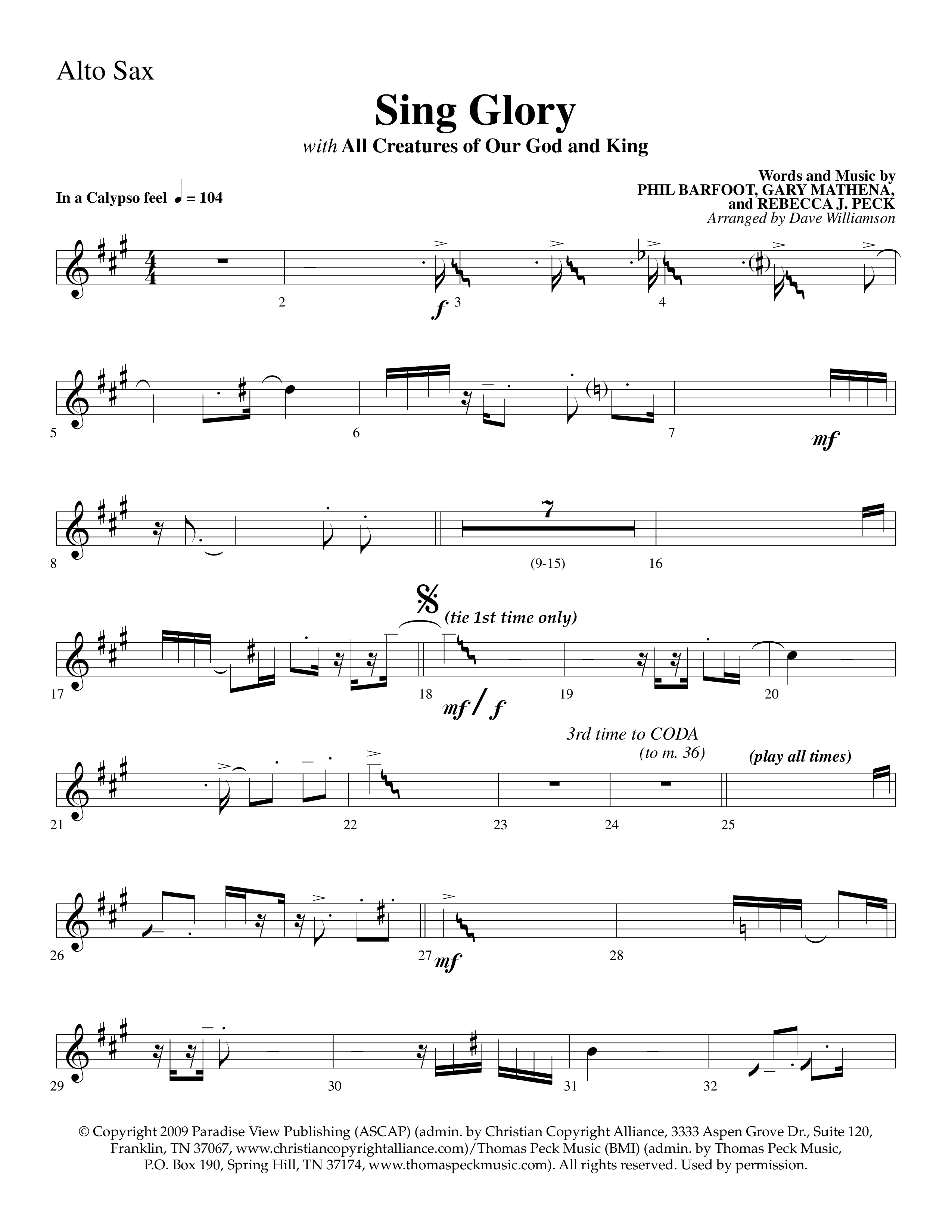 Sing Glory (with All Creatures Of Our God And King) (Choral Anthem SATB) Alto Sax 1/2 (Lifeway Choral / Arr. Dave Williamson)