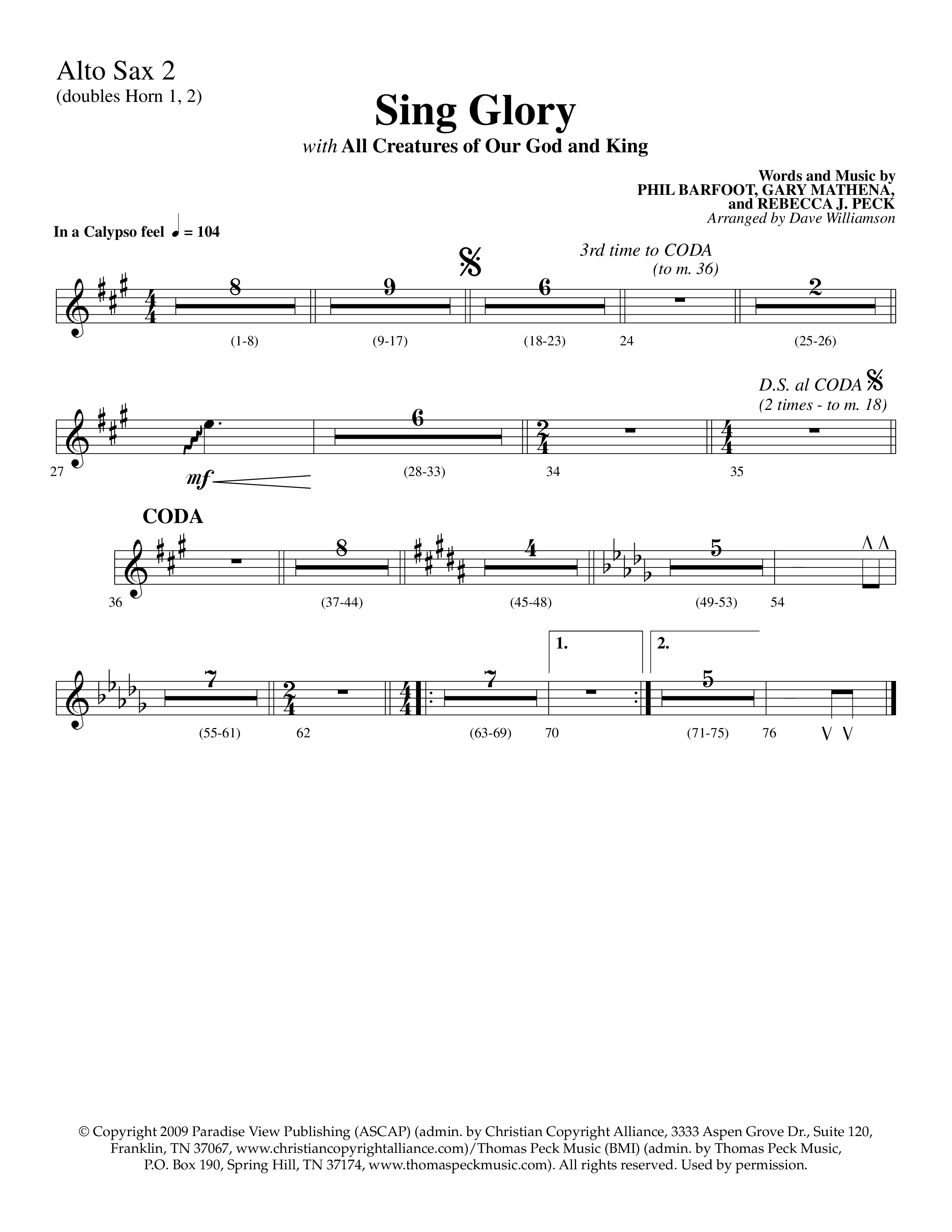 Sing Glory (with All Creatures Of Our God And King) (Choral Anthem SATB) Alto Sax 1/2 (Lifeway Choral / Arr. Dave Williamson)