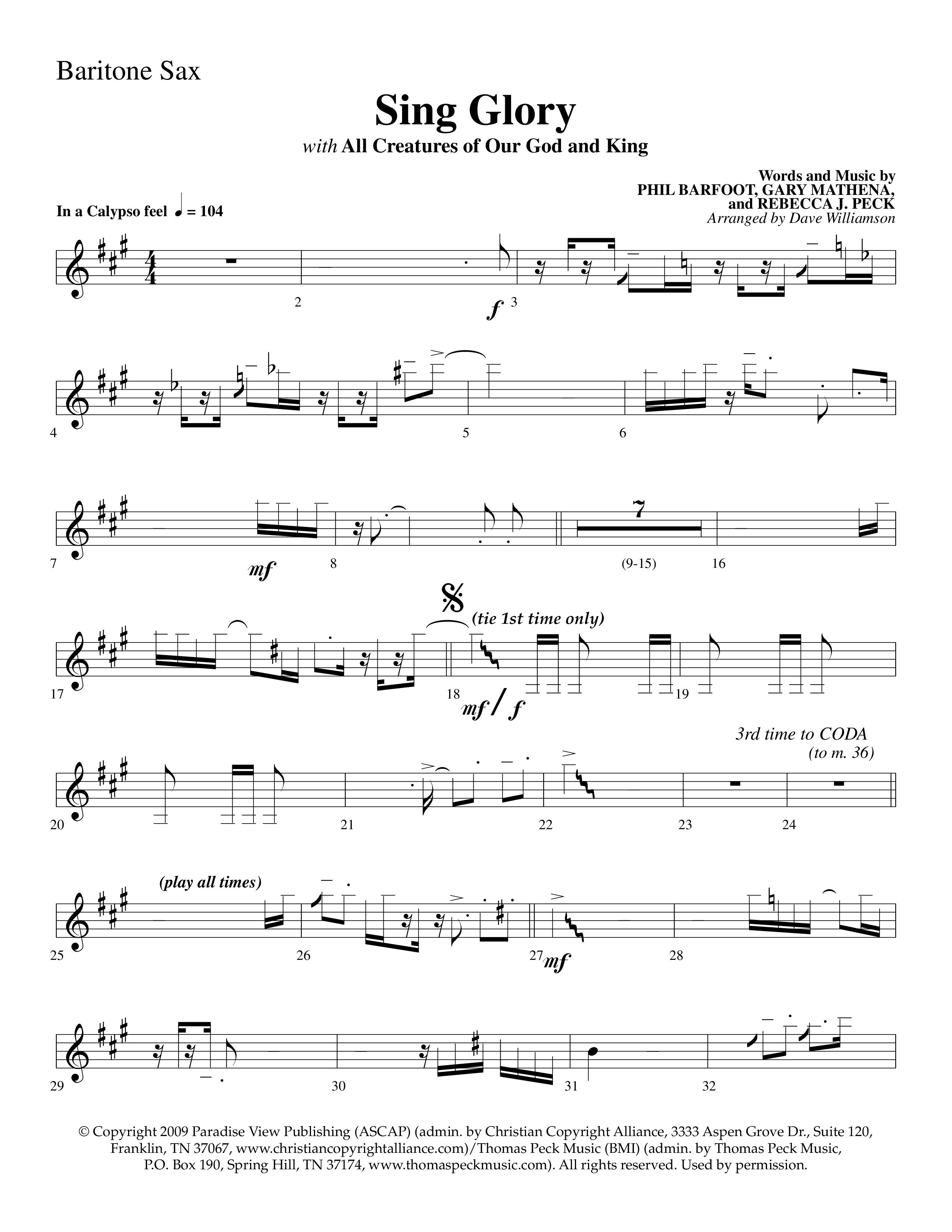 Sing Glory (with All Creatures Of Our God And King) (Choral Anthem SATB) Bari Sax (Lifeway Choral / Arr. Dave Williamson)