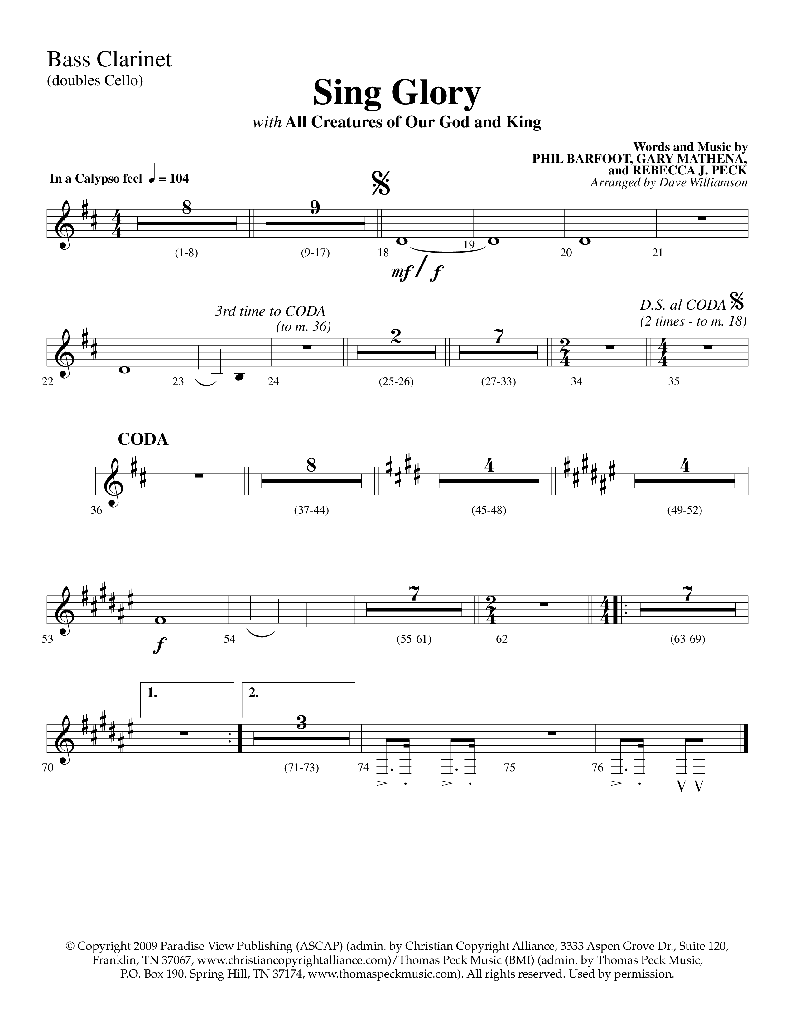 Sing Glory (with All Creatures Of Our God And King) (Choral Anthem SATB) Bass Clarinet (Lifeway Choral / Arr. Dave Williamson)
