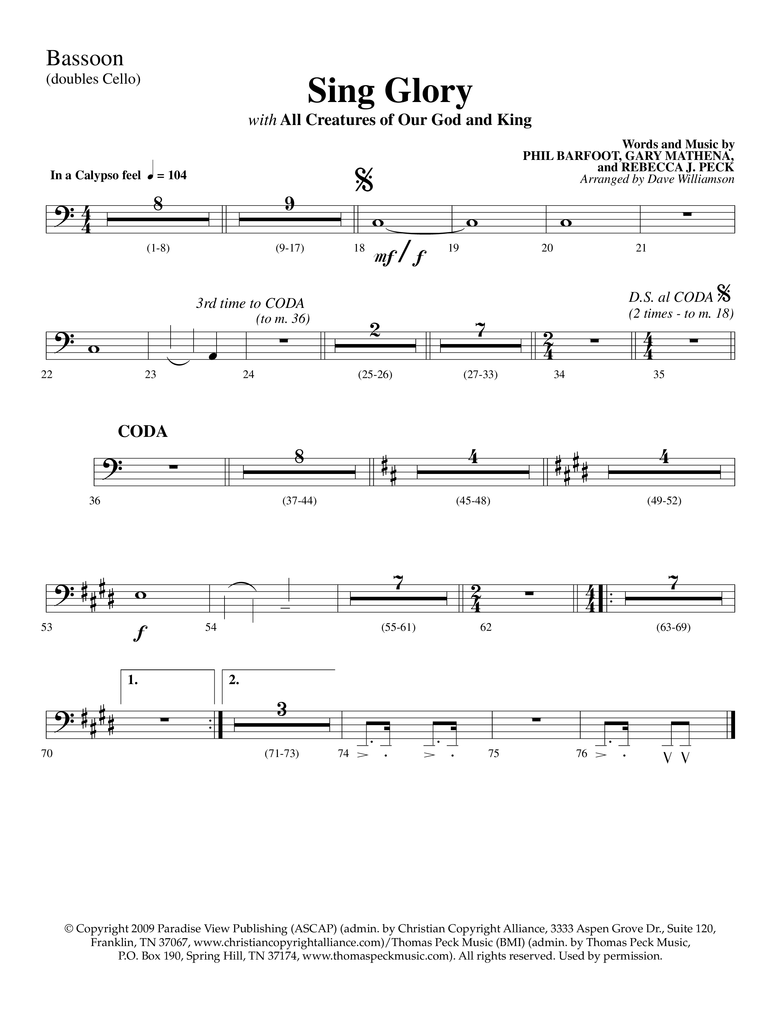 Sing Glory (with All Creatures Of Our God And King) (Choral Anthem SATB) Bassoon (Lifeway Choral / Arr. Dave Williamson)