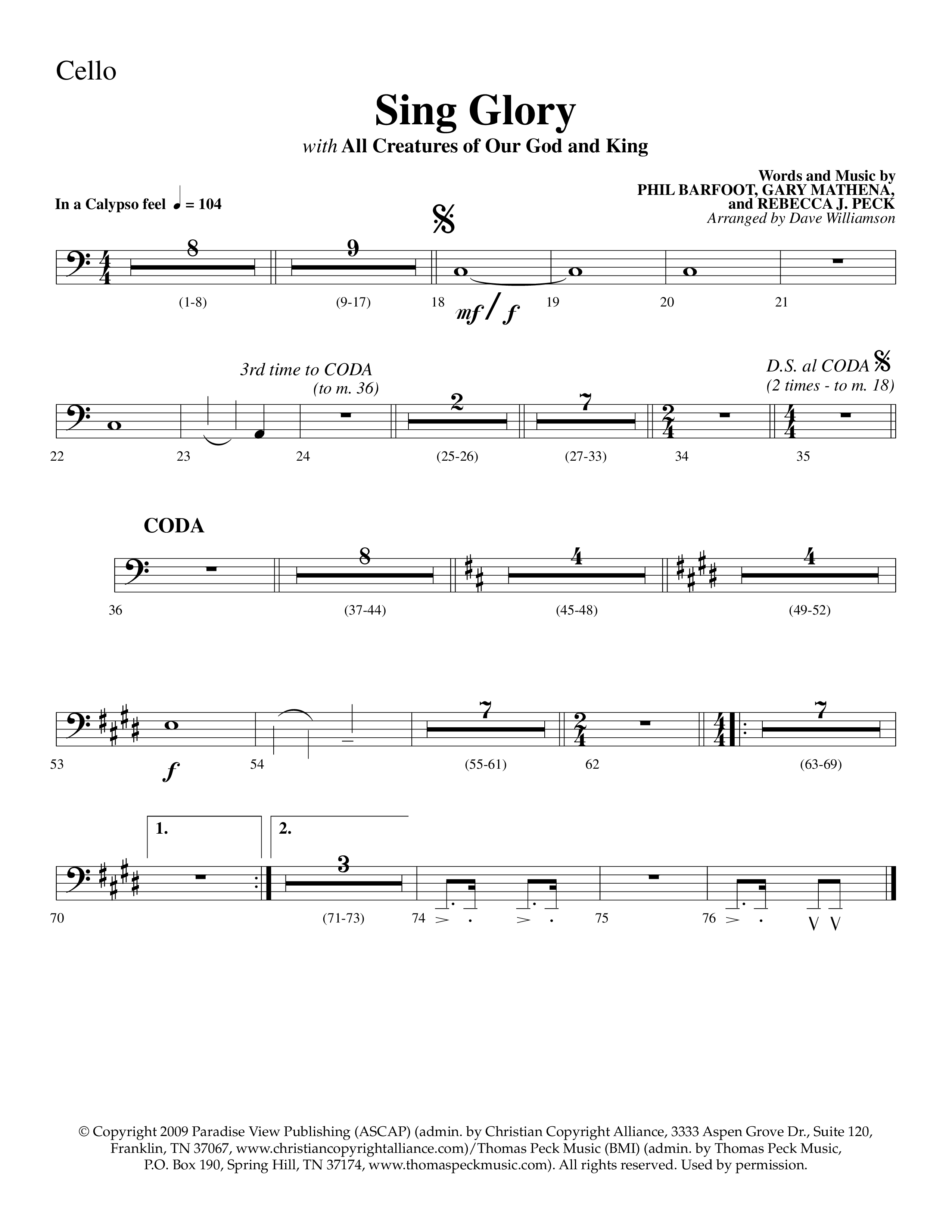 Sing Glory (with All Creatures Of Our God And King) (Choral Anthem SATB) Cello (Lifeway Choral / Arr. Dave Williamson)