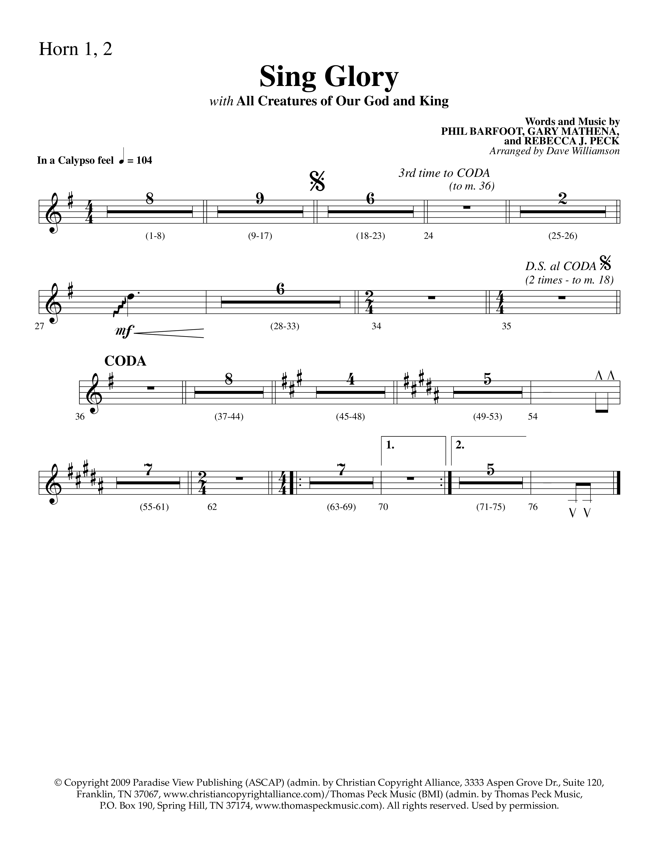 Sing Glory (with All Creatures Of Our God And King) (Choral Anthem SATB) French Horn 1/2 (Lifeway Choral / Arr. Dave Williamson)
