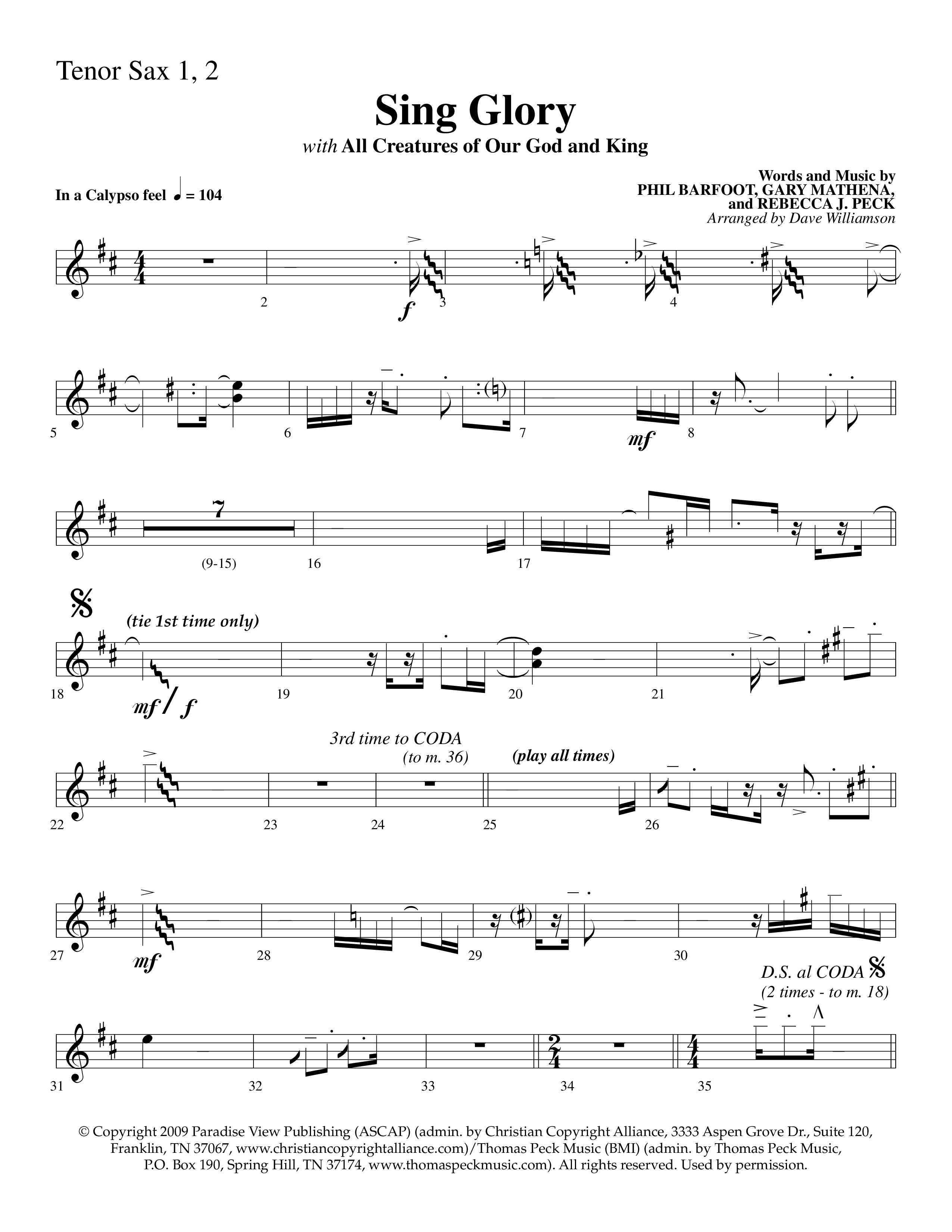 Sing Glory (with All Creatures Of Our God And King) (Choral Anthem SATB) Tenor Sax 1/2 (Lifeway Choral / Arr. Dave Williamson)
